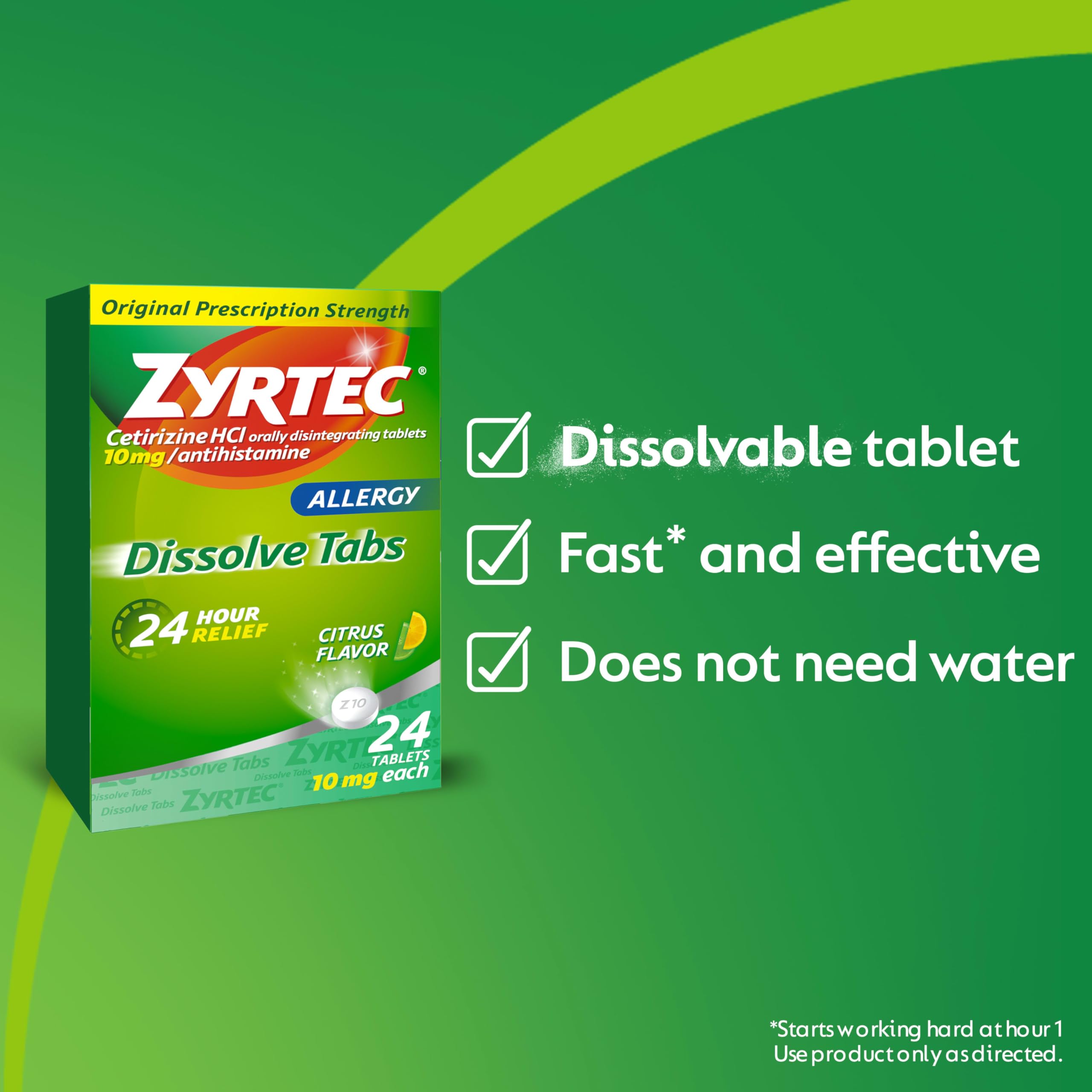 Zyrtec 24 Hour Allergy Relief Dissolving Tablets with 10 mg Cetirizine HCl Antihistamine, Allergy Medicine for Relief from Allergies Caused by Ragweed & Tree Pollen, Citrus Flavor, 24 ct