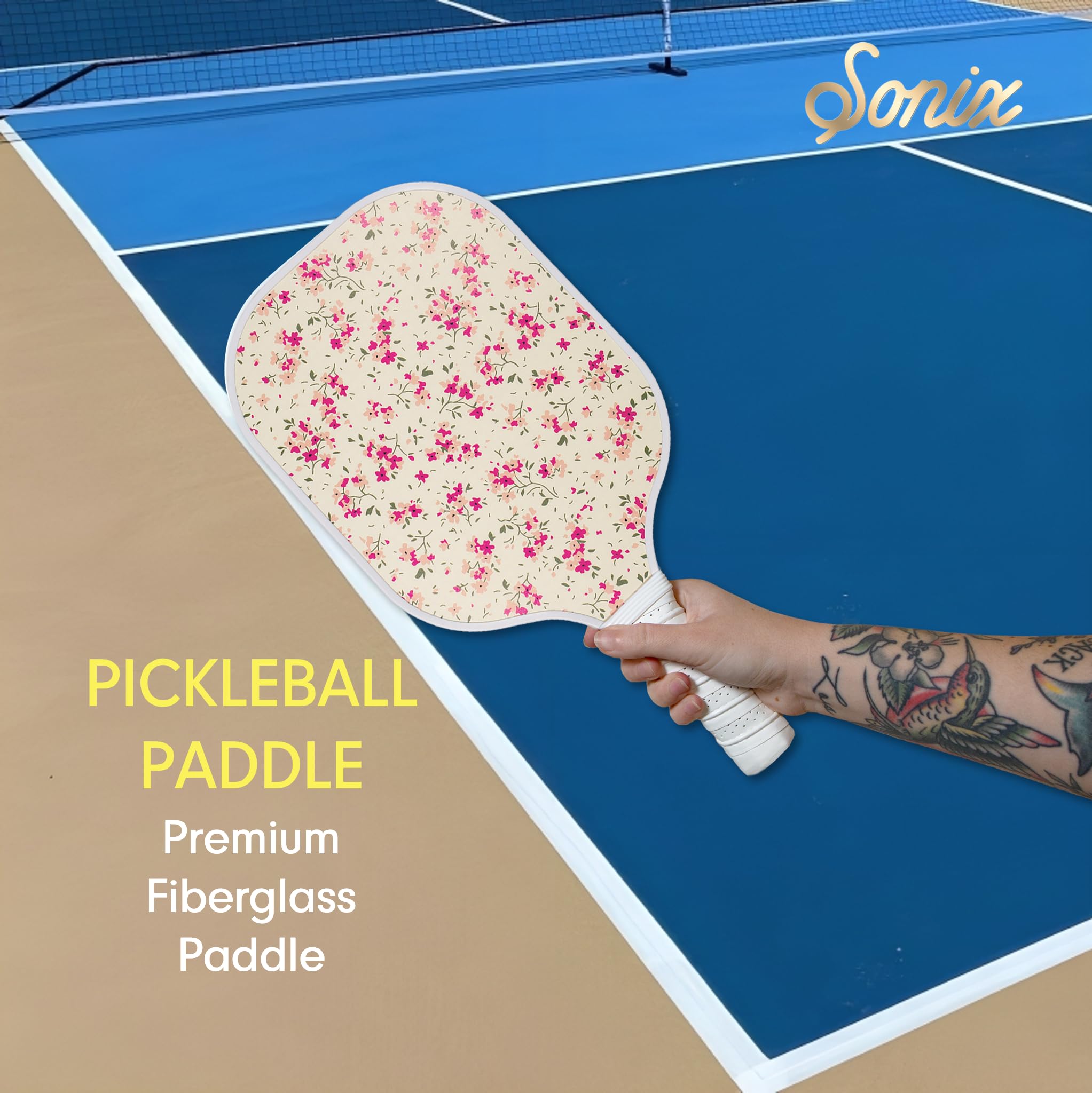 Sonix | Stylish Premium Pickleball Paddle | Fiberglass Surface, Non-Slip Cushion Grip| Single Pickle Ball Racket | Pink Floral Print | Cottage Floral Pink