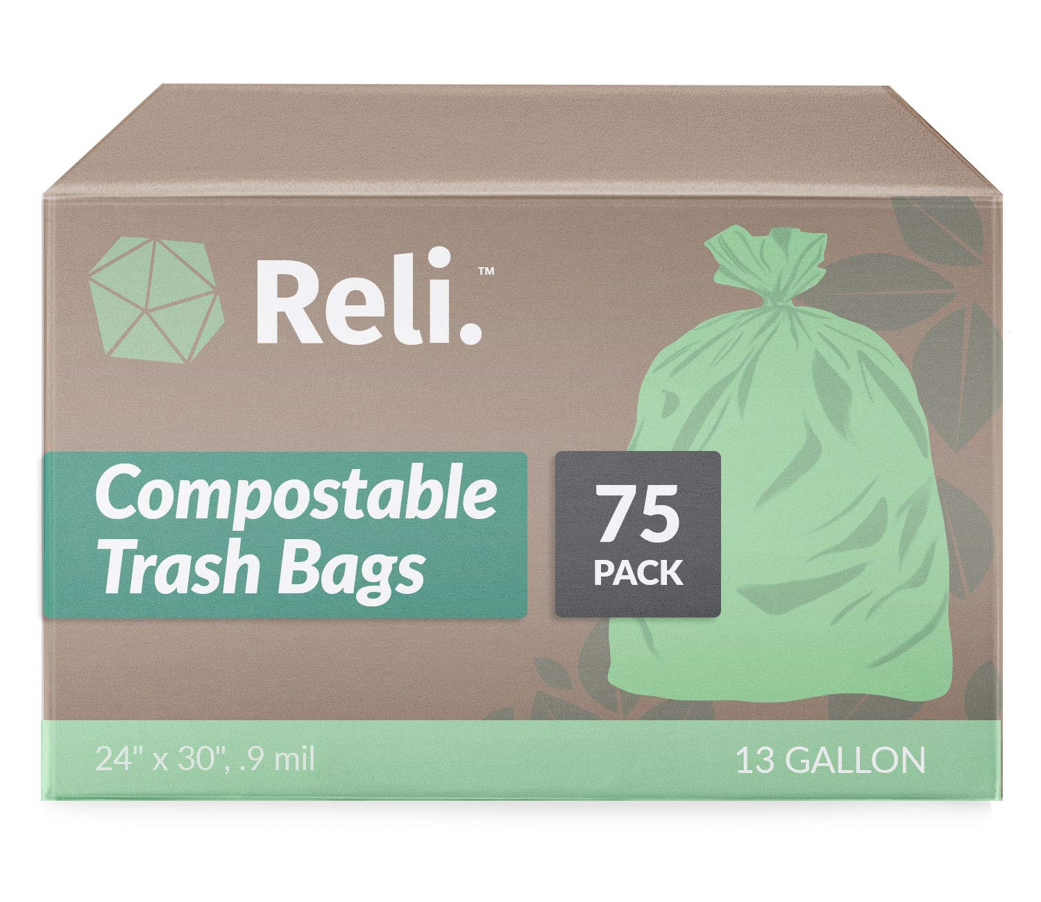 Reli. Compostable 13 Gallon Trash Bags | 75 Count | ASTM D6400 | Green | Eco-Friendly | For Compost