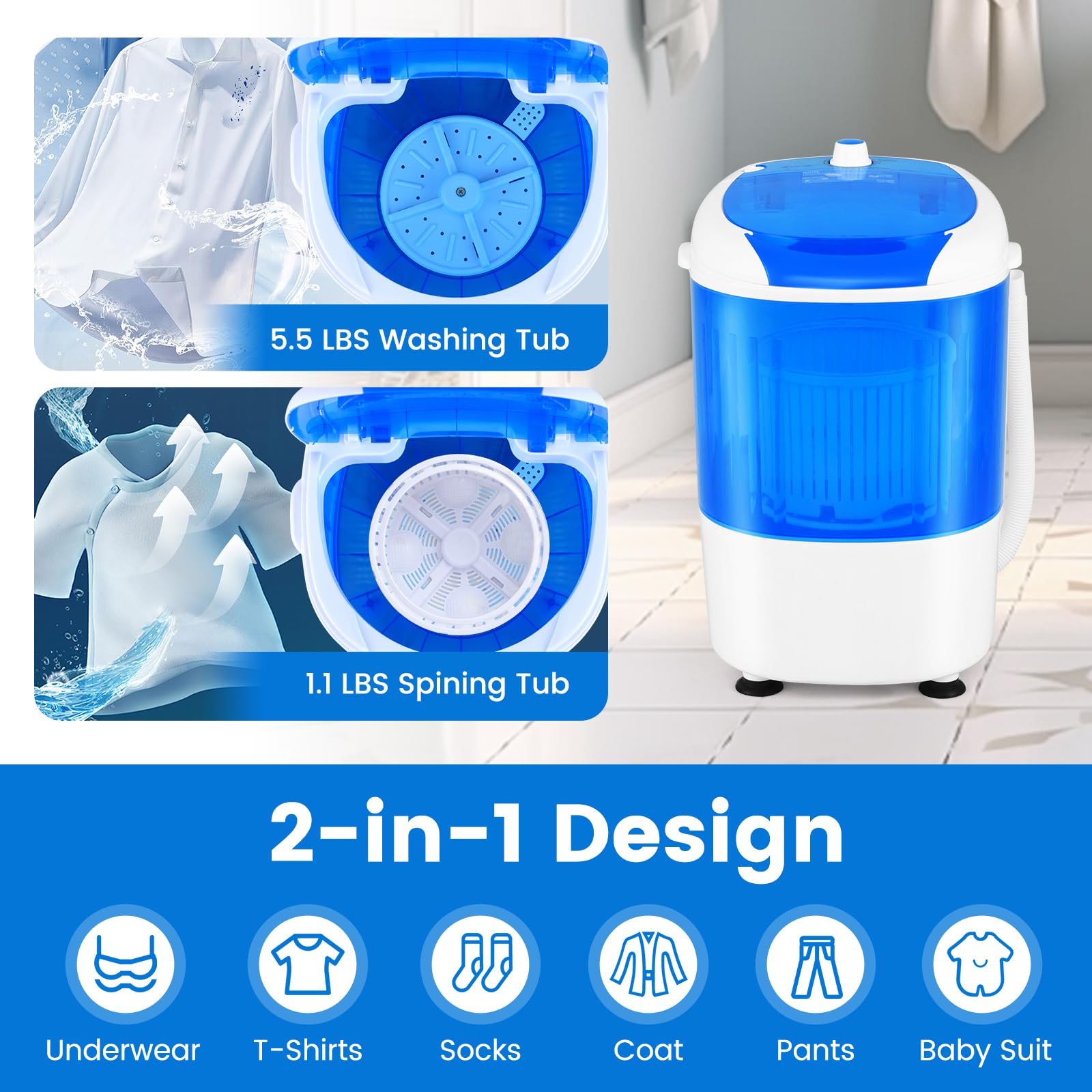 COSTWAY Portable Mini Washing Machine with Spin Dryer, Washing Capacity 5.5lbs, Electric Compact Machines Durable Design Energy Saving, Rotary Controller, Laundry Washer for Home Apartment RV, Blue
