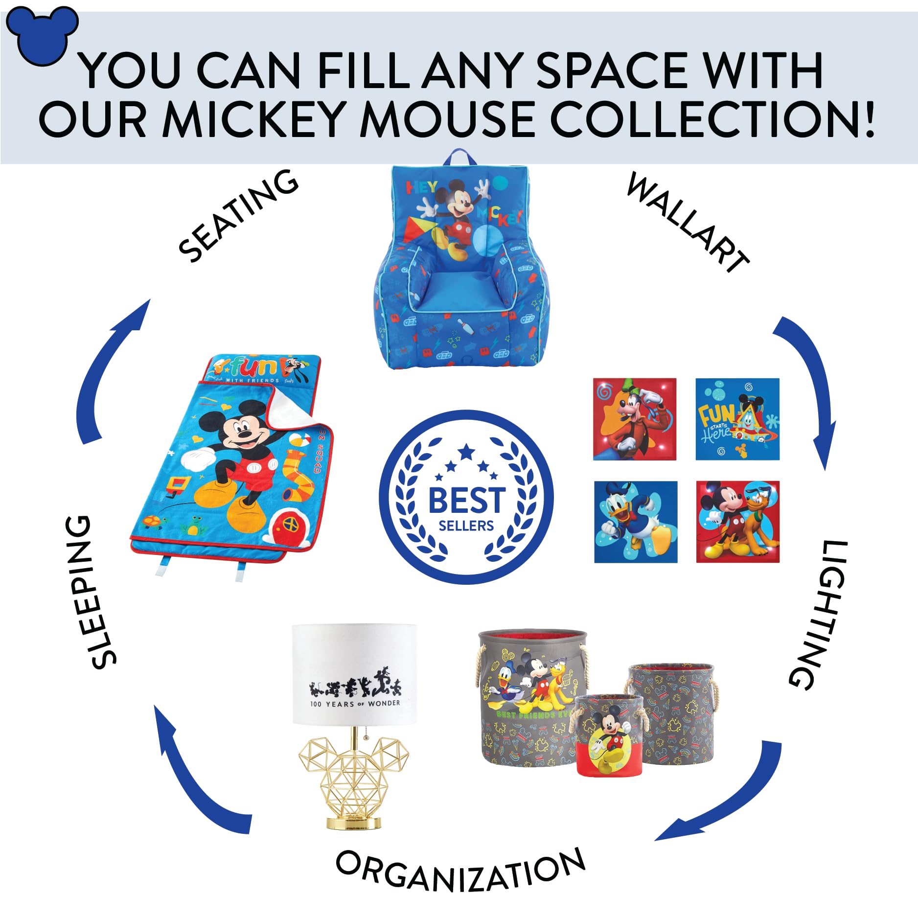 Idea Nuova Disney Mickey Mouse Kids Nylon Bean Bag Chair with Piping & Top Carry Handle, Large