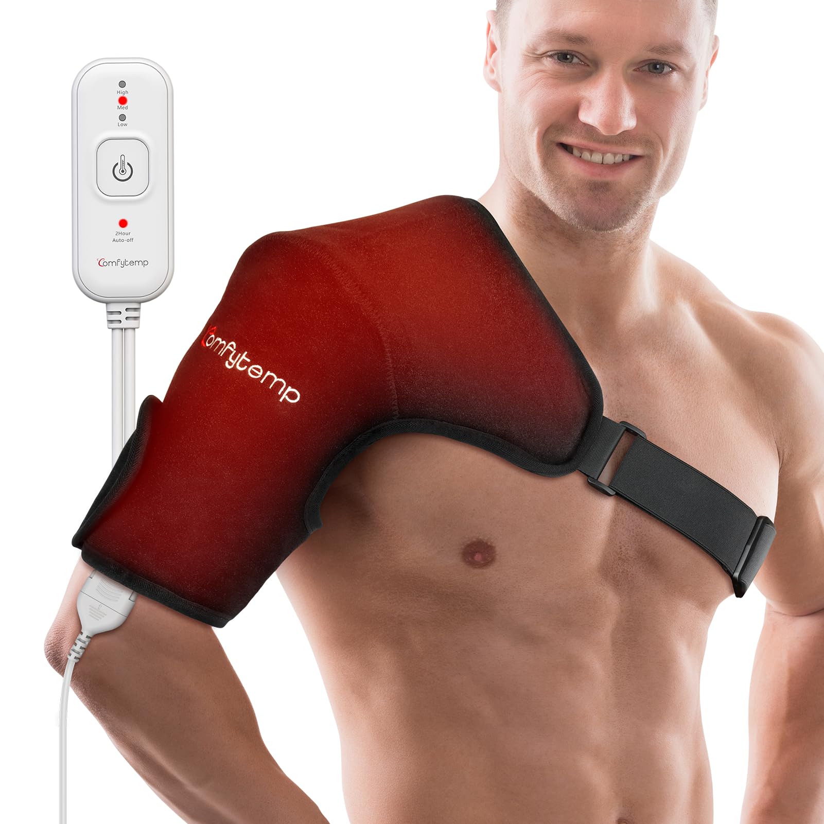 Comfytemp Shoulder Heating Pads for Rotator Cuff Pain Relief - FSA HSA Eligible Heated Shoulder Wrap Brace with 3 Heat Settings, 2H Auto-Off, Heating Pad for Mom, Dad (Black, Support S/M/L Size)