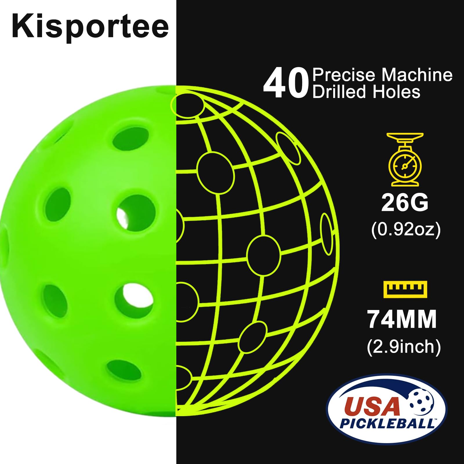 kisportee Pickleballs Balls, 12 Pack Outdoor Pickleball Ball with Mesh Bag for Sport Outdoor Play, High Elasticity & Durable USAPA Approved Pickleballs for All Style Pickleball Paddles (Grenn)