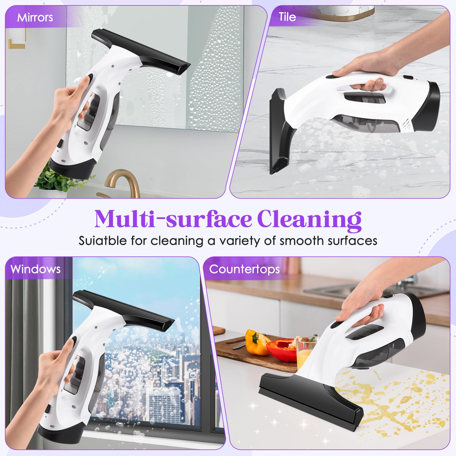 Window Vacuum Squeegee Cordless, Window Vac with Detachable Water Tank and Strong Suction, Electric Window Cleaning Tool for Shower Wall, Mirror, Glass, Car Windshield, Countertop, Tiles