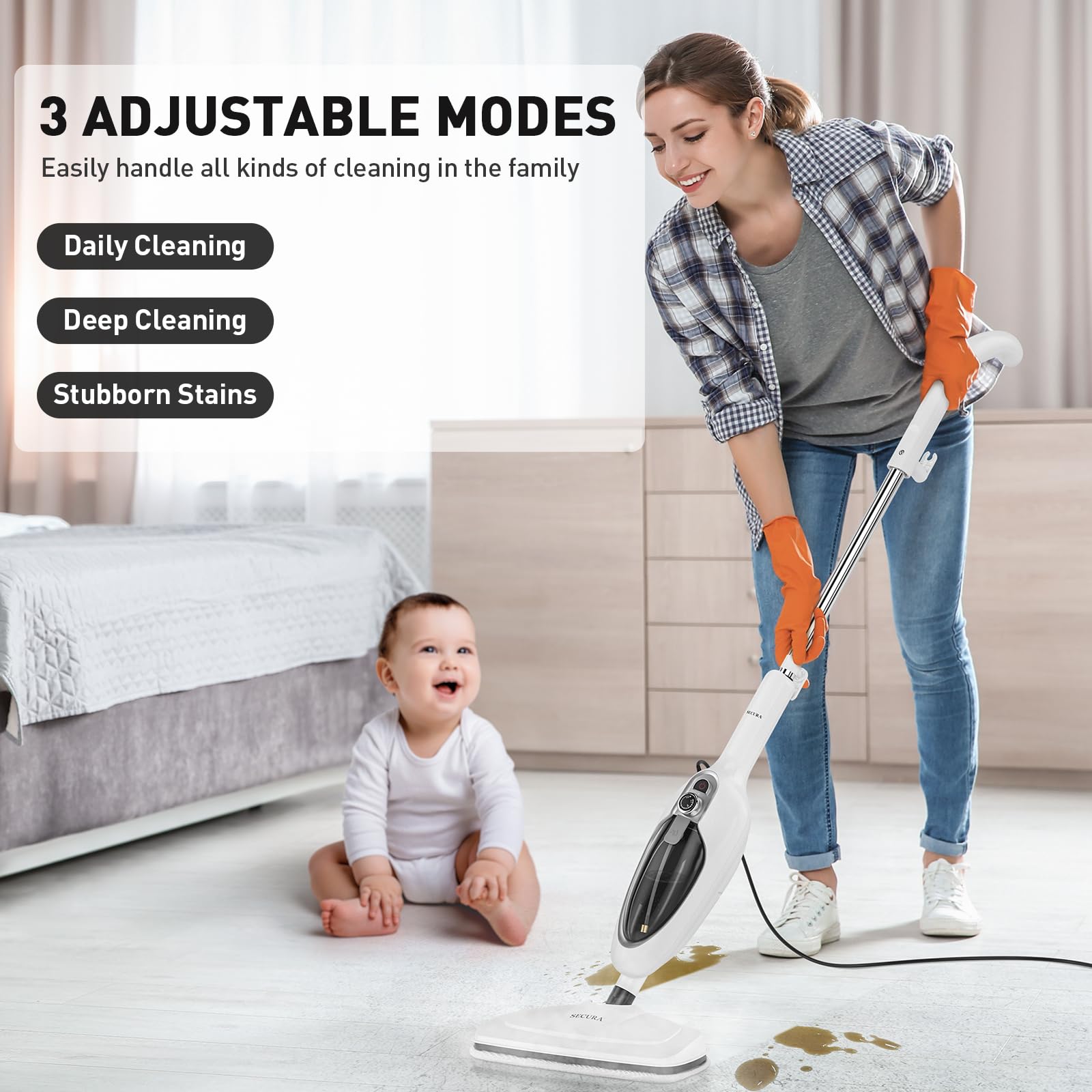 Secura Steam Mop 10-in-1 Convenient Detachable Steam Cleaner, White Multifunctional Cleaning Machine Floor Steamer with 3 Microfiber Mop Pads