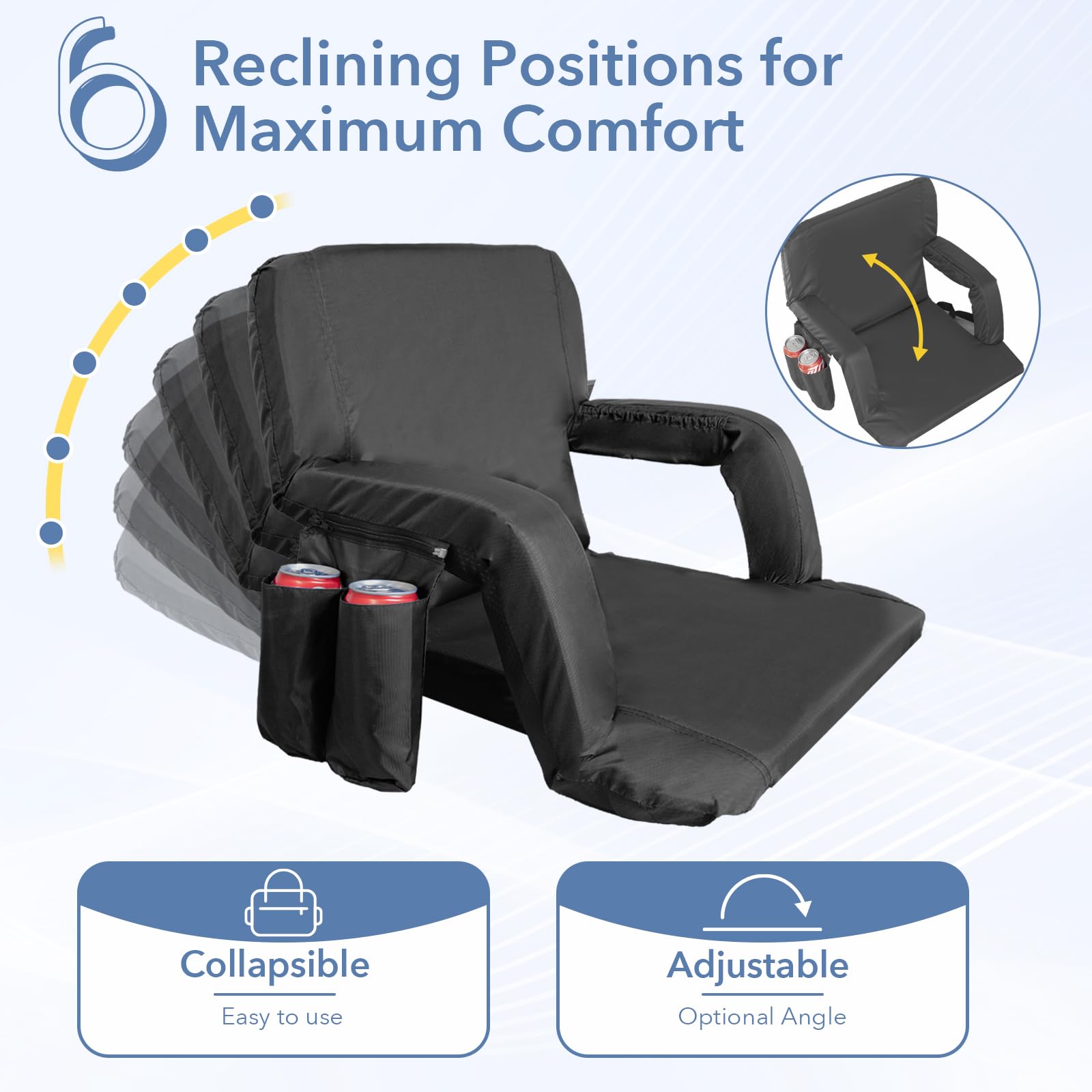 Set of 2 Stadium Seats for Bleachers with Back Support, Padded Cushion Portable Reclining Bleacher Seats, Outdoor Folding Chairs for Adults, Camping Stadium Chair Waterproof (Black)