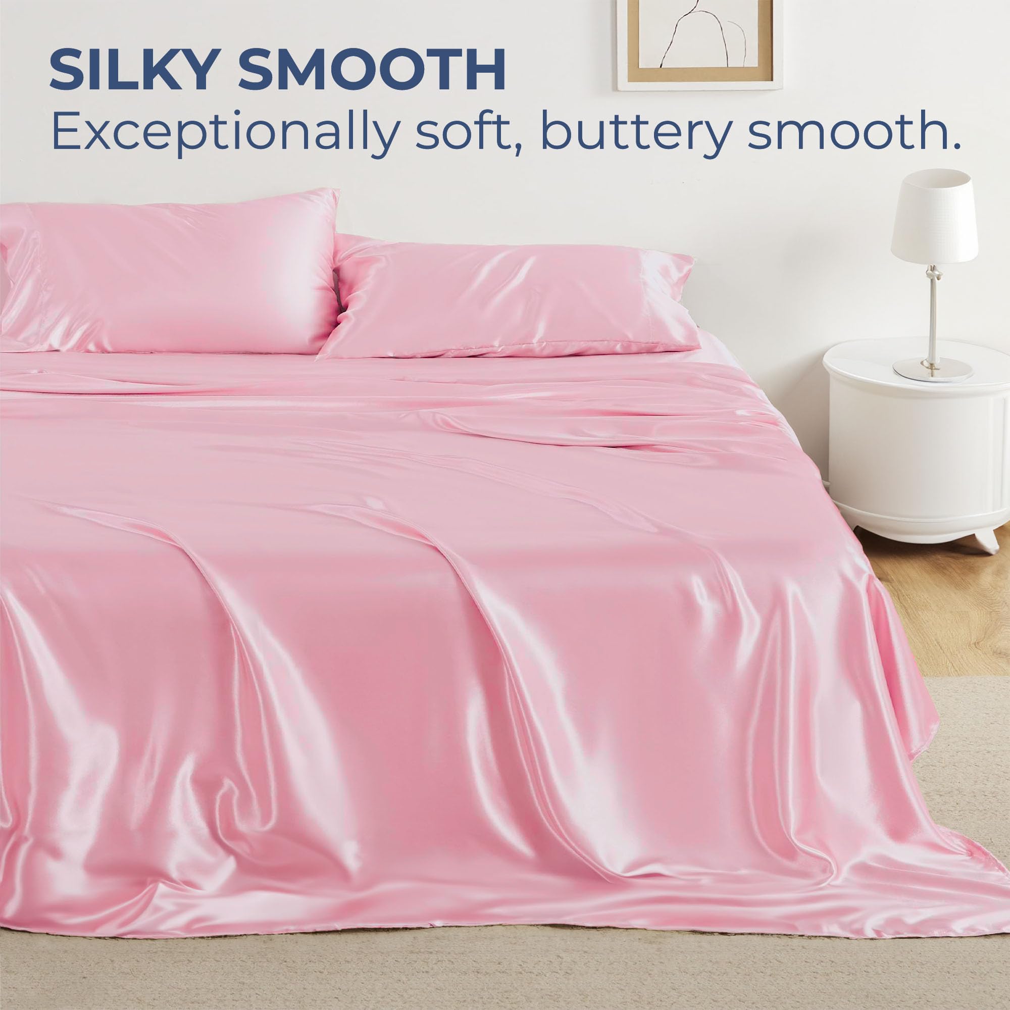Seasonwood Twin Size Sheet Set Satin Sheets Pink Microfiber Silk Bed Set of 3 with 1 Pillowcase