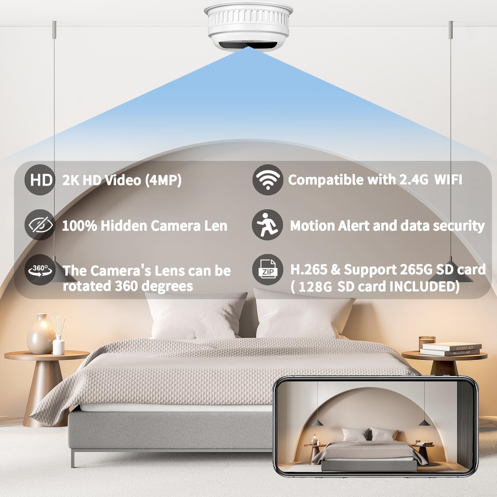 LUOHE Hidden Camera-Smoke Detector Camera-2K HD Wireless Secret Camera-Nanny Cam-Premium Indoor Hidden Security Camera Surveillance, Motion Alert,128GB SD Card Included