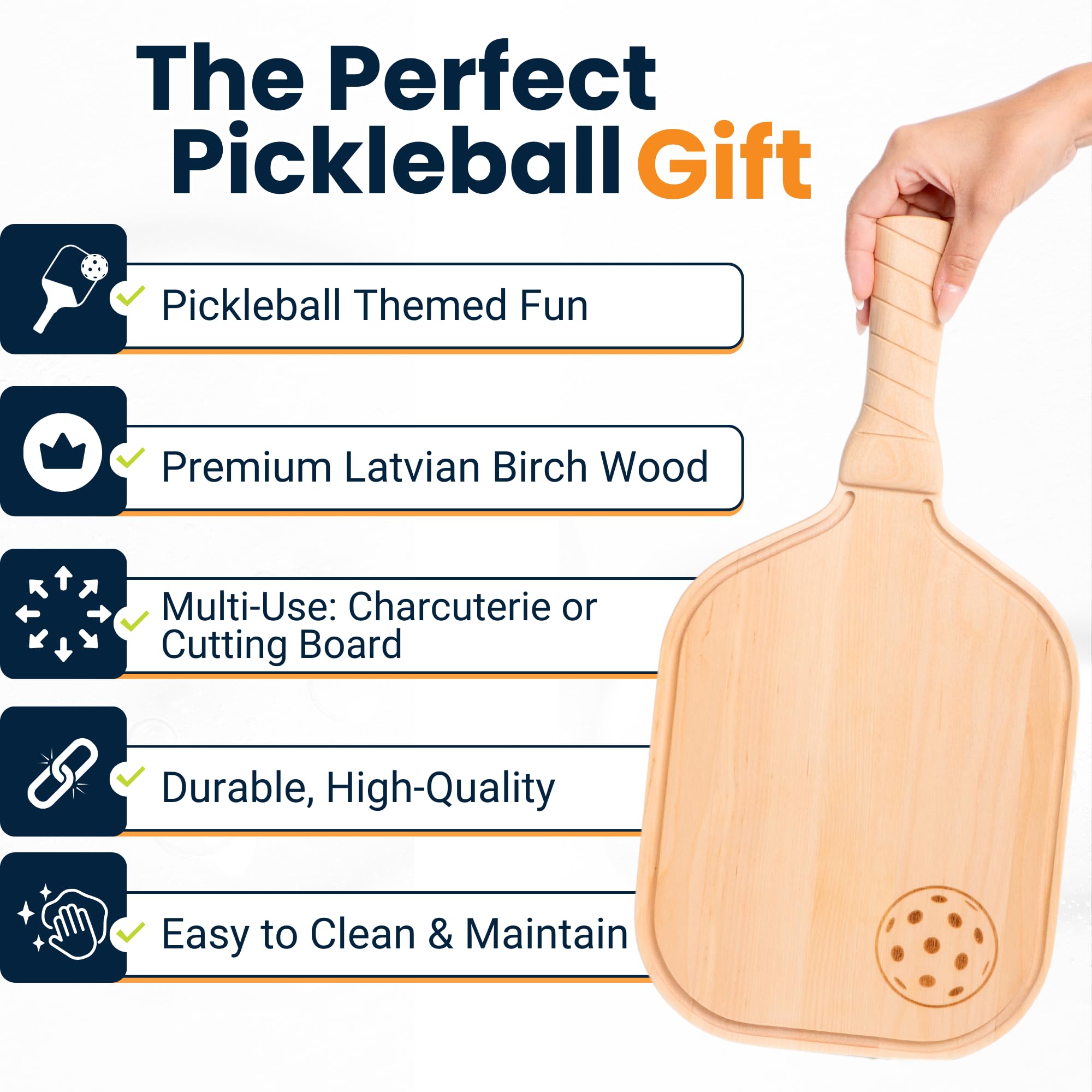 DinkCraft Pickleball Charcuterie & Cutting Board, Pickleball Gift, 17 x 8.5 x 0.75”, Birch Wood, Paddle Shape with Handle, Mineral Oil Finish