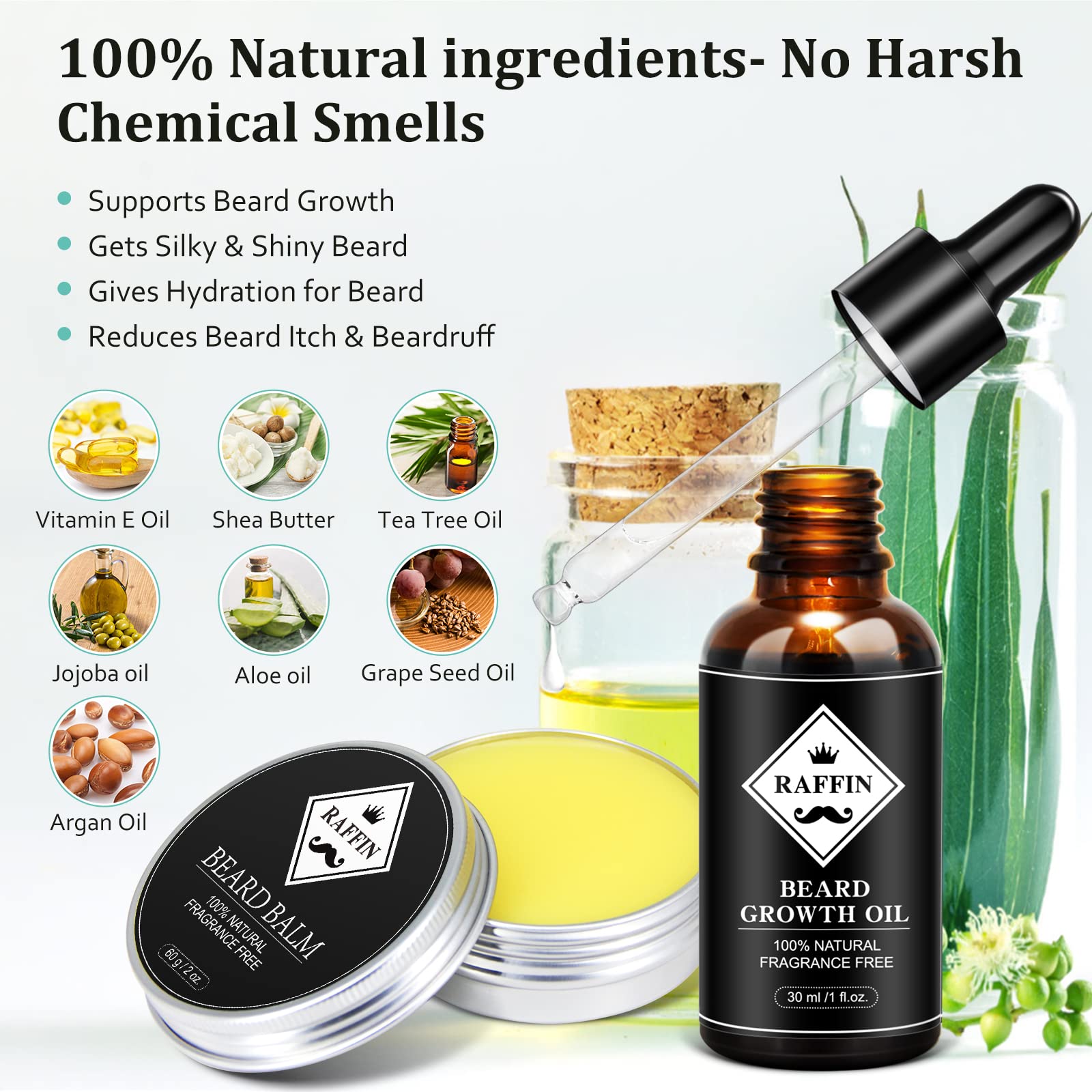RAFFIN Beard Growth Kit for Men with Beard Growth Oil, Balm, Comb, Massager for Spot/Patchy Facial Hair, Achieve Fuller, Thicker & Healthier Beards, Gifts for Him Boyfriend Husband Dad