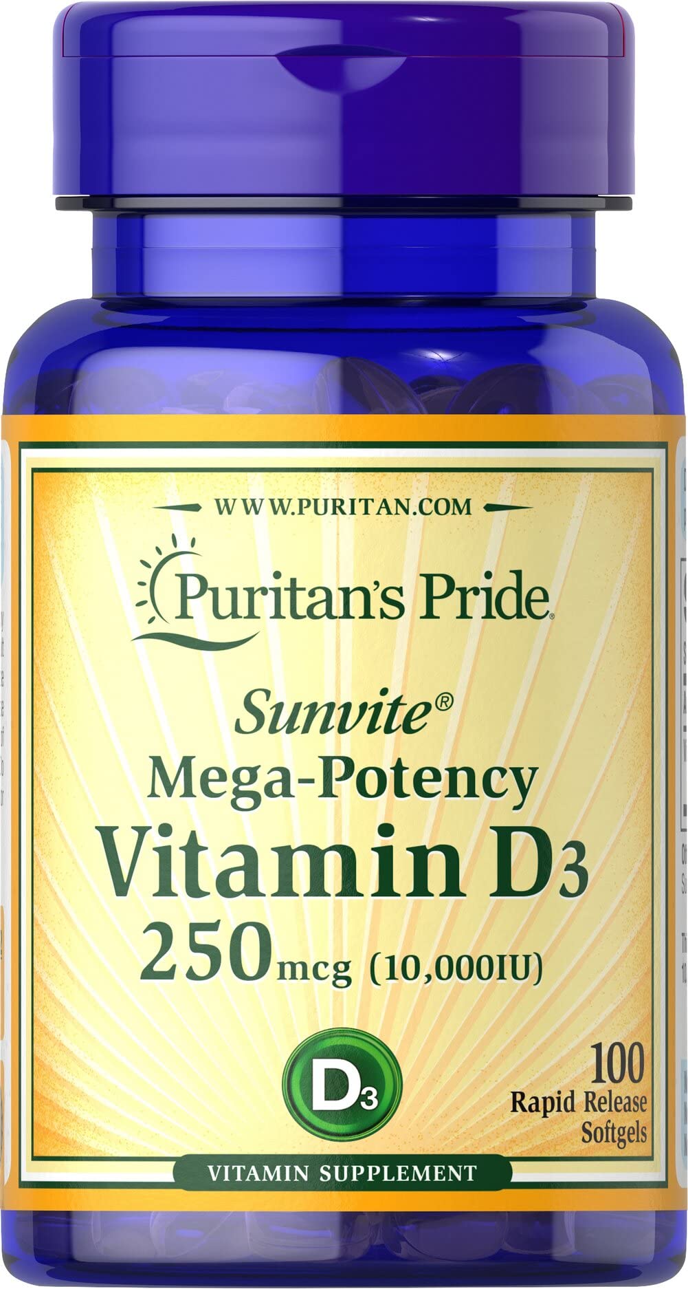 Puritan's Pride Vitamin D3 10000 IU Bolsters Health Immune System Support and Healthy Bones & Teeth Softgels, Yellow, 100 Count