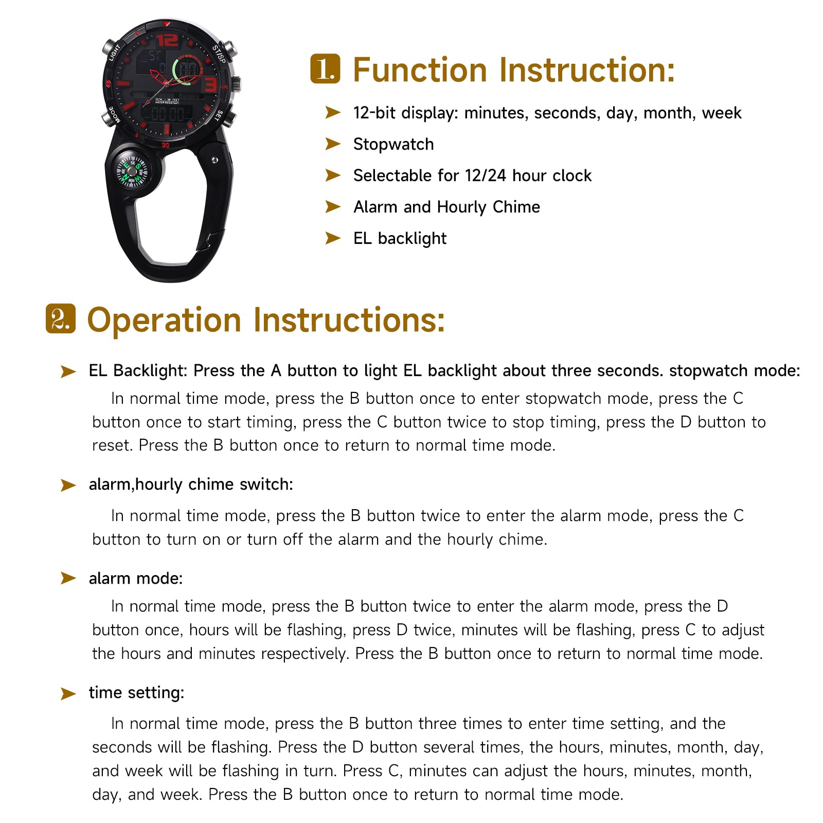 Lancardo Clip on Carabiner Watch: Multi-Function Backpack Watch for Men Women Analog Digital Date LED Alarm Sport Watch Hiking Climbing