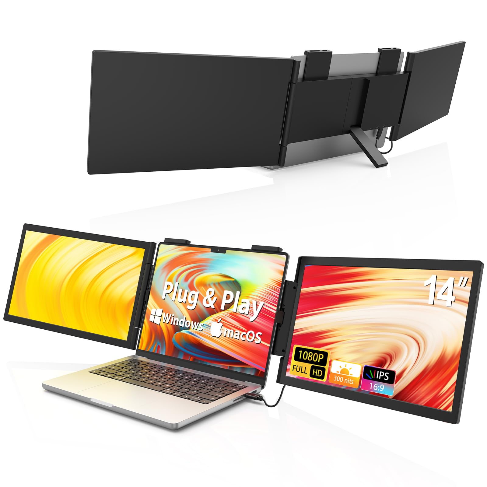 HotYeah Triple Laptop Screen Extender, 14'' Dual Portable Extended Monitor (Windows & macOS), Plug & Play, 1080P USB-C Travel Monitor w/Kickstand, Tri Screen Monitor for 14-16'' Laptop