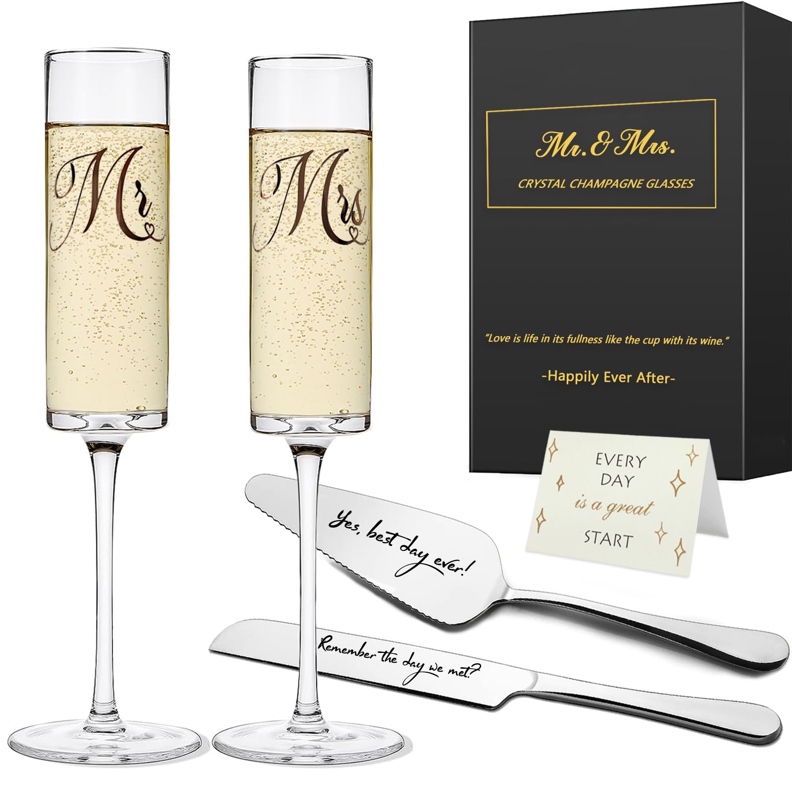 Yeegook Wedding Gifts for Bride and Groom, Mr and Mrs Champagne Flutes, Bridal Shower Gifts, Engagement Gift, Wedding Toasting Glasses with Cake Cutting Set for Wedding, Anniversary