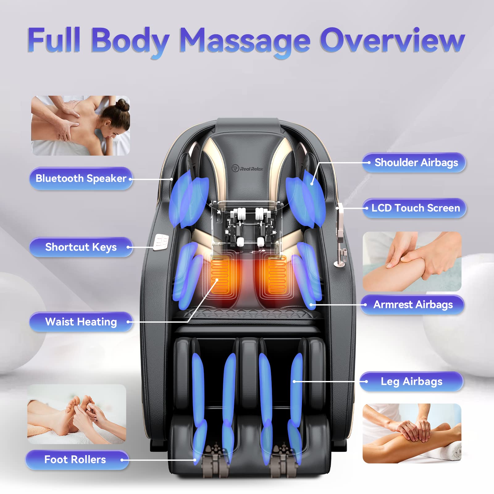 Real Relax PS6000 Massage Chair Zero Gravity Full Body SL Track Shiatsu with Handrail Shortcut Key Heat Foot Roller, 58.3D x 31.5W x 61.5H in, Black