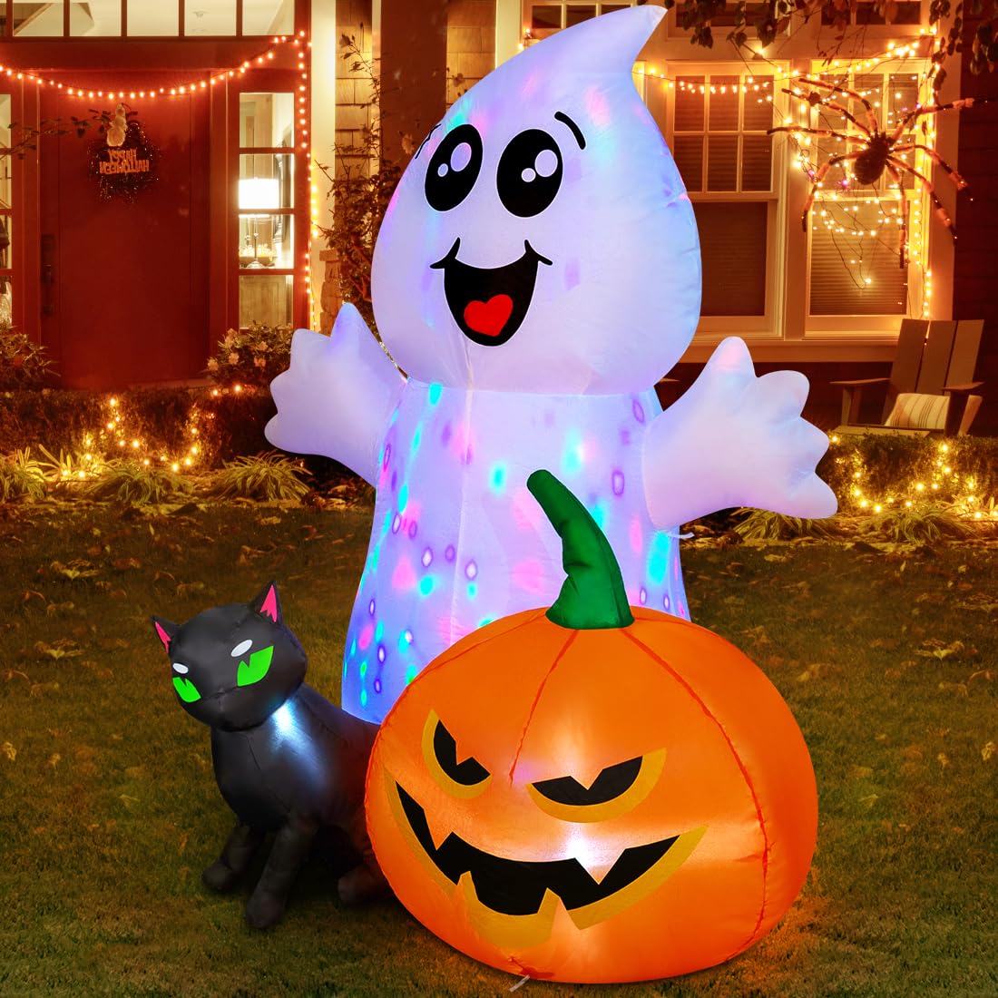 COMIN Halloween Inflatable 5FT Ghost with Black Cat and Pumpkin, Built-in LEDs Blow Up Yard Decoration for Party Outdoor Yard Garden Lawn