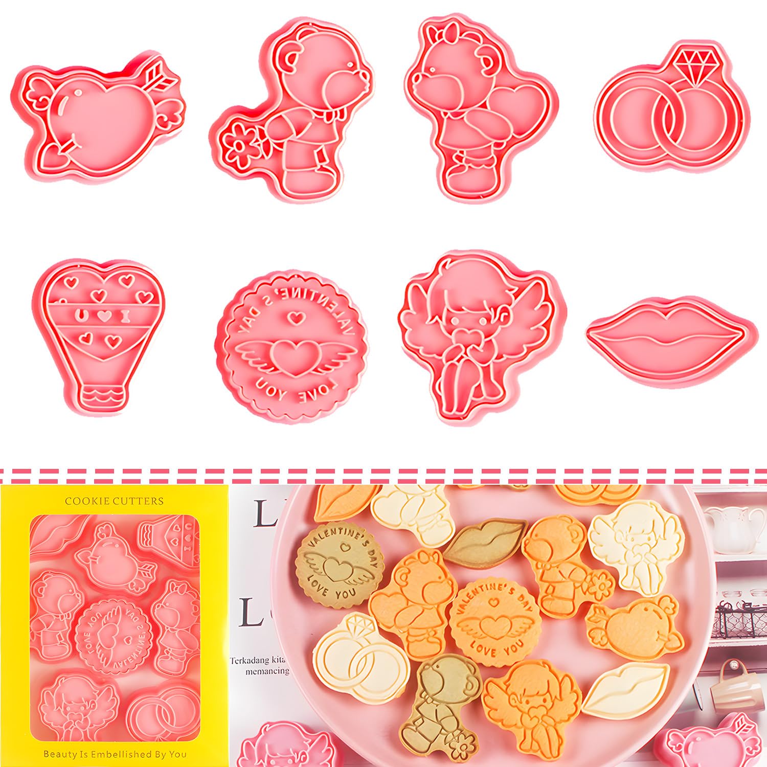 BESEK Valentine's Day Cookie Cutters: With Plunger Stamps Set, 8 Piece 3D Embossing Cutters For Biscuit Fondant Cheese Baking Molds