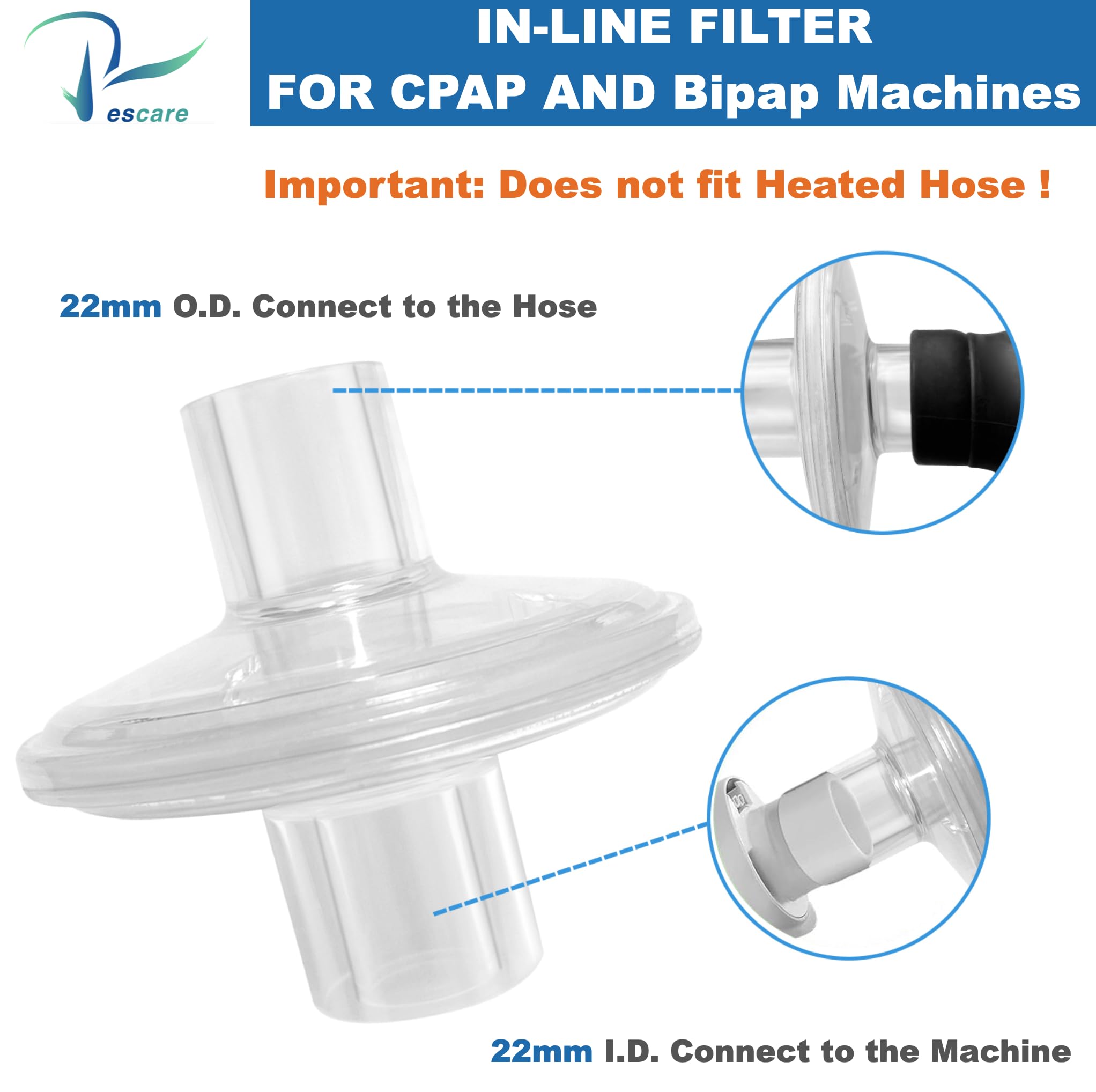 CPAP Inline Filter-10 Pcs Universal CPAP Filters for Res-Med&Dream-Station CPAP and BiPAP Machines Compatible with Standard 22mm Cpap Tube, Low Loss Airflow Designed