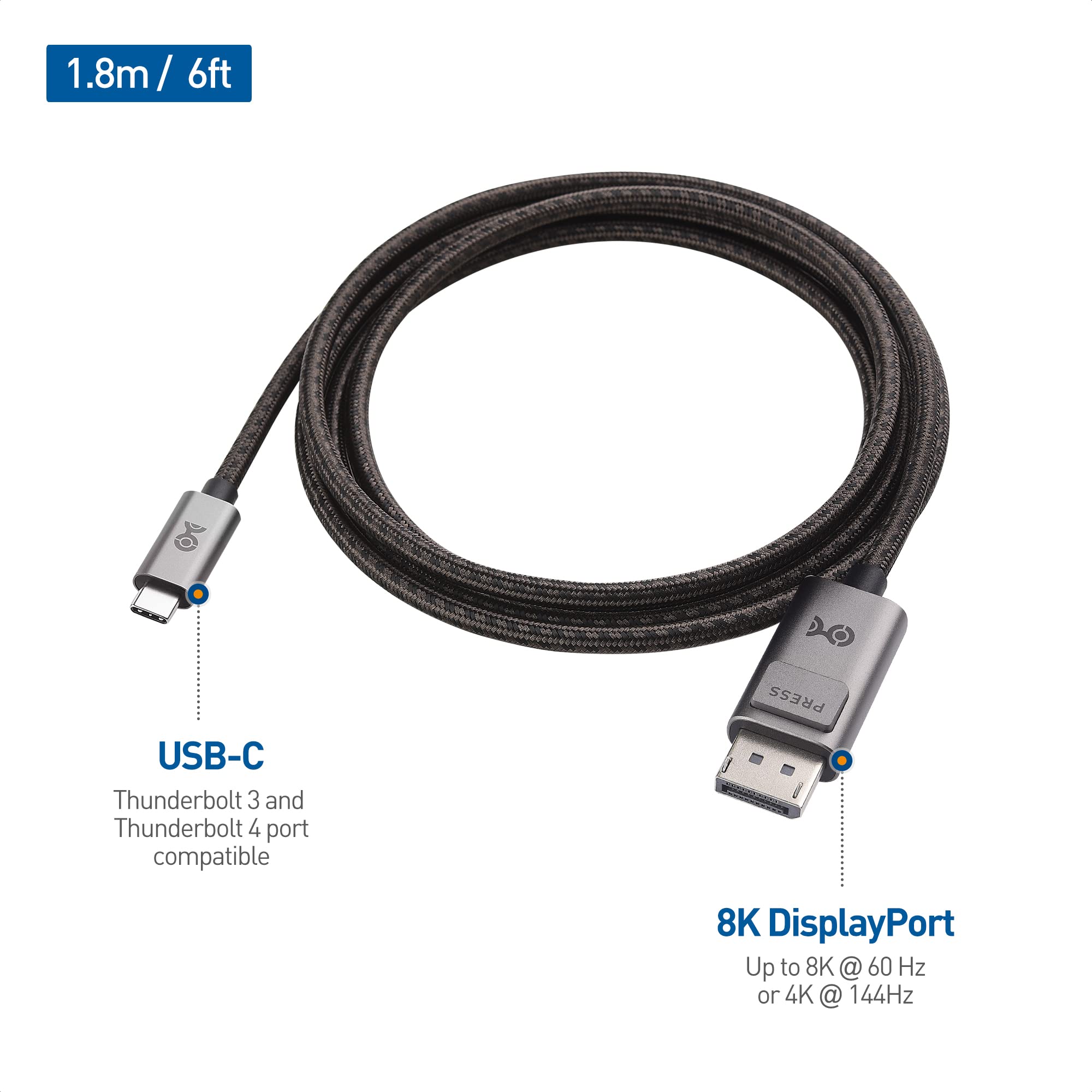 Cable Matters Braided USB C to DisplayPort 1.4 Cable 6ft, Support 4K@240Hz / 8K@60Hz (USB-C to DisplayPort, USB C to DP) in Gray - Thunderbolt 4 /USB 4 Compatible with MacBook, XPS