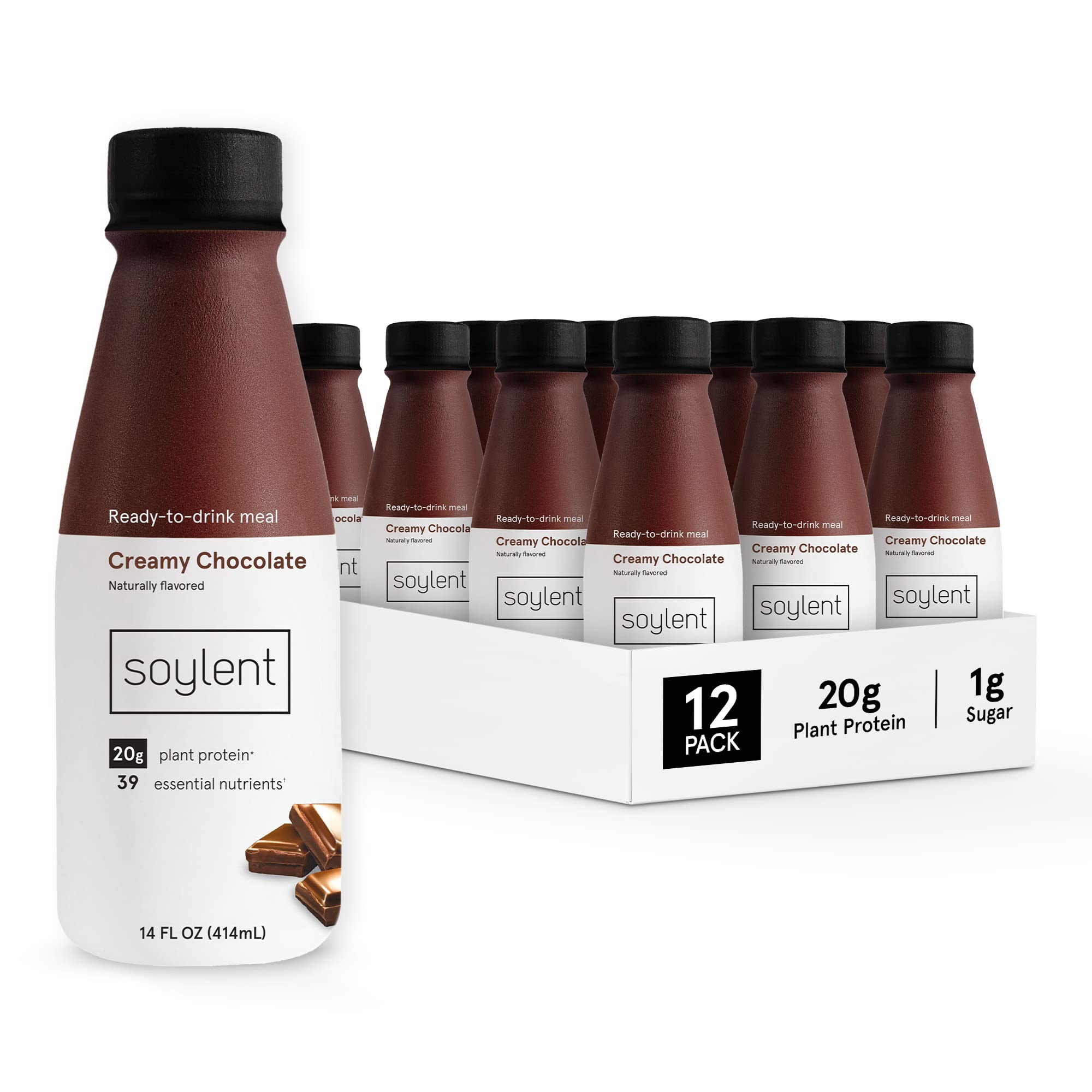 Soylent Creamy Chocolate Meal Replacement Shake, Ready-to-Drink Plant Based Protein Drink, Contains 20g Complete Vegan Protein and 1g Sugar, 14oz, 12 Pack