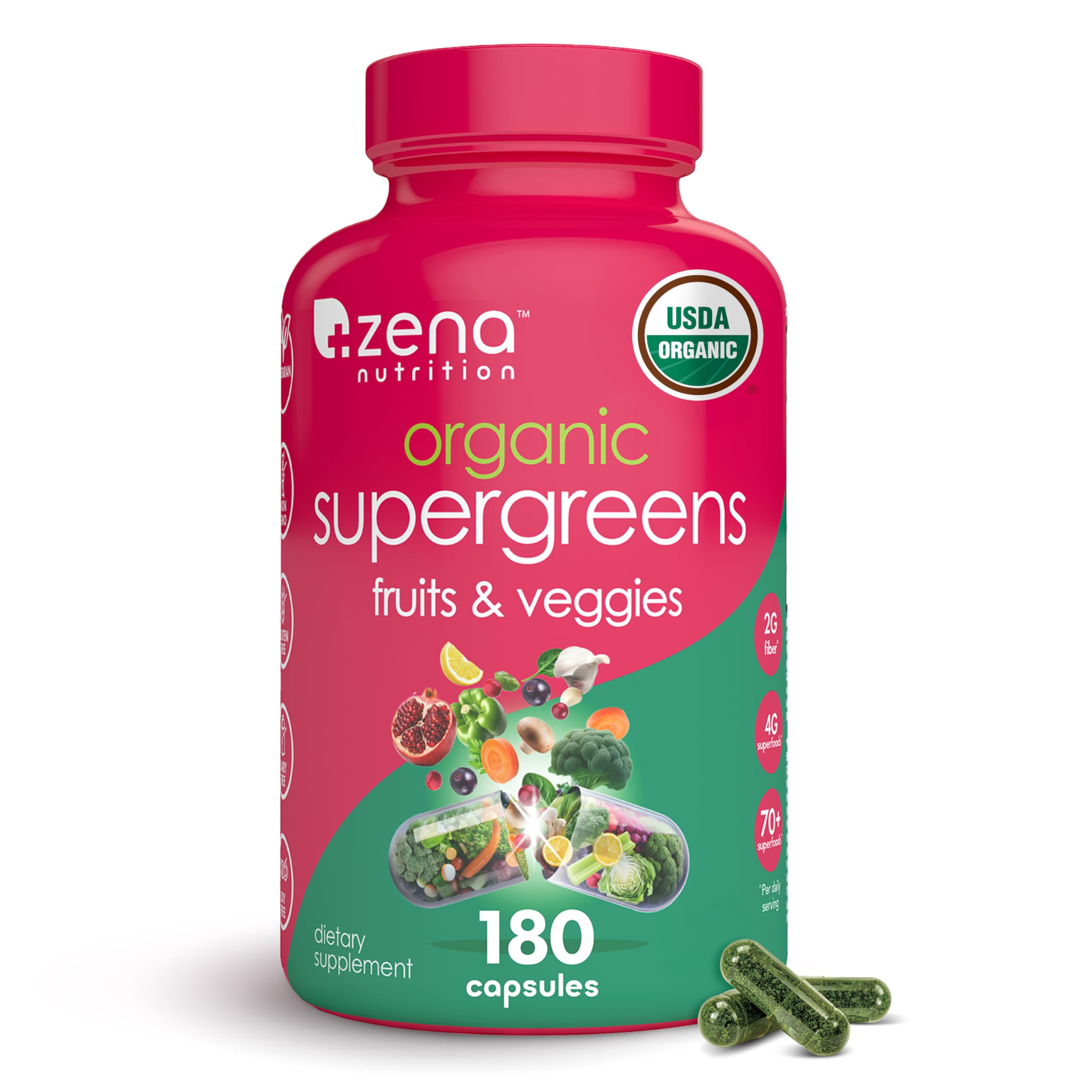 Zena Nutrition Organic Super Greens Fruit & Veggies Supplement, 70+ Superfoods from Fruit & Vegetables, 3g Fiber, Spirulina, Chlorella, Prebiotics & Probiotics, Digestive Enzymes, 180 Capsules