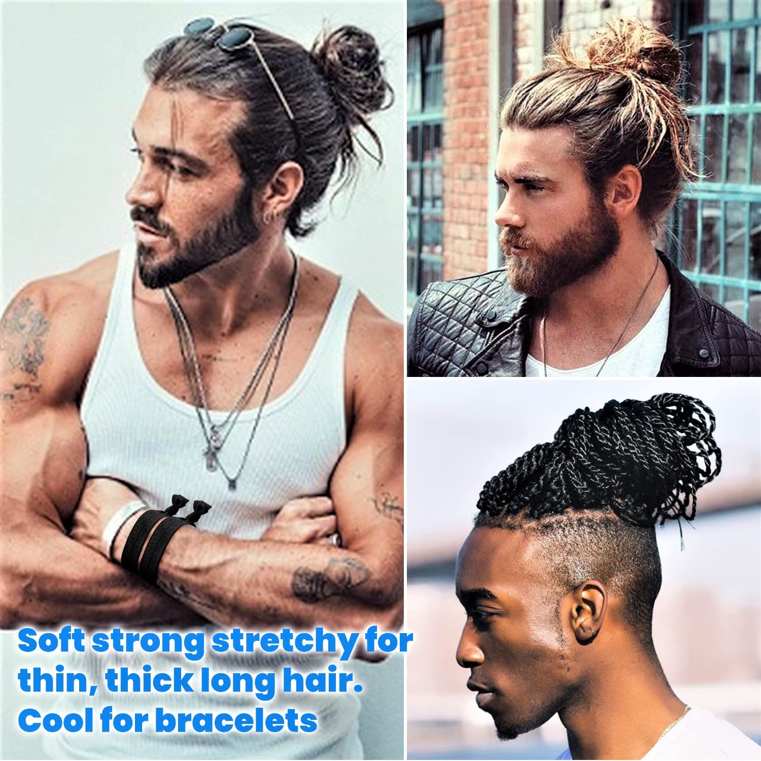 79STYLE 100pcs Men Hair Tie For Man Bun.Man Bands Hair Ties For Mens Long Hair Elastic Fabric Hair Ties Knotted Black Ribbons Knot Men's Ponytail Holders Guys (Black-100pcs)