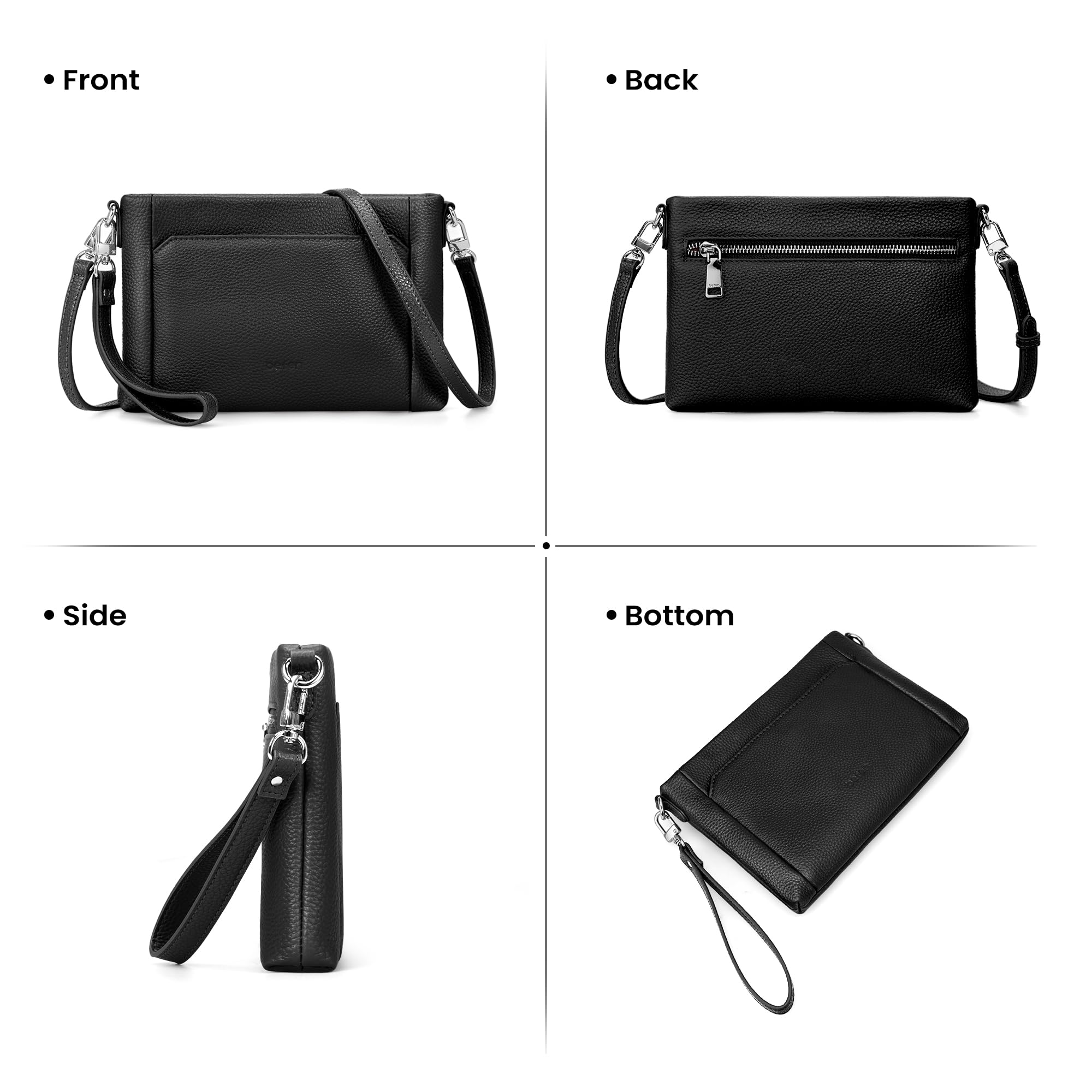befen Genuine Leather Wristlet Wallets for Women Black Clutch Purse RFID Blocking Small Crossbody Bags Soft Real Leather Purse Trendy Wrist Wallet Travel Women Shoulder Handbag with 2 Removable Straps