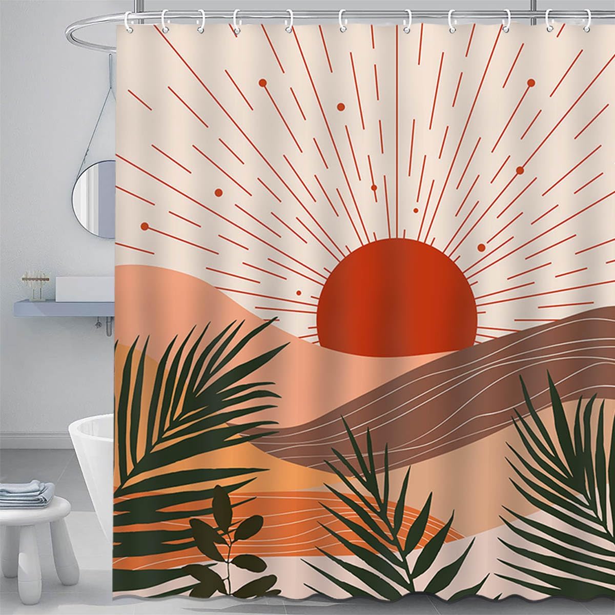 Mocsicka Boho Sun Mountain Shower Curtain Mid Century Abstract Minimalist Shower Curtain Set 72x72 Inches Vintage Aesthetic Art Waterproof Polyester Fabric Shower Curtain Set with 12 Hooks