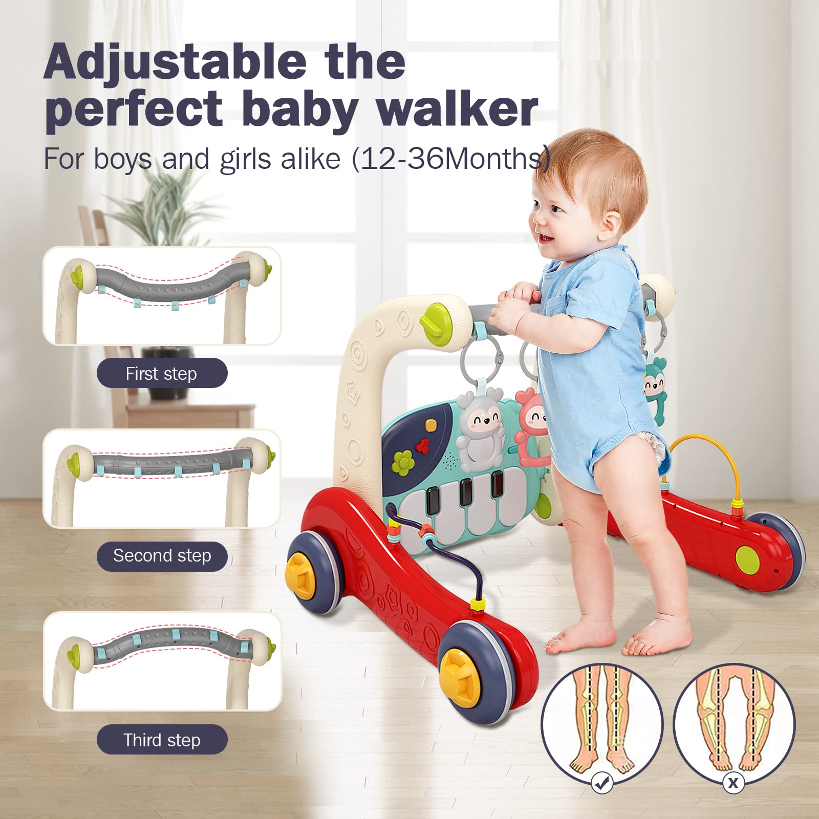 dearlomum 3 in 1 Baby Play Mat Baby Gym, Floor Activity Center and Infant Baby Walker, Play Piano Tummy Time,Boy & Girl Gifts for Newborn Baby Toddler 0 to 3 6 9 12 Months(Red)