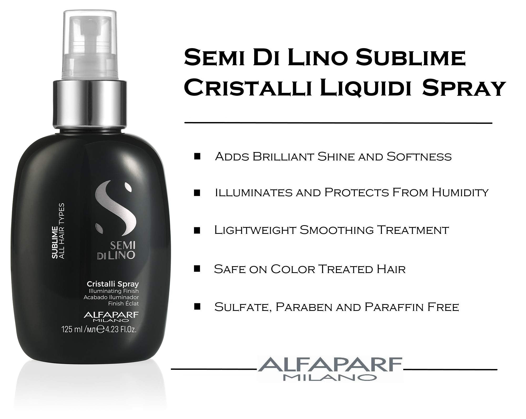 Alfaparf Milano Semi Di Lino Sublime Cristalli Smoothing Finishing Hair Spray - Dry Hair Treatment to Detangle & Add Shine - Smoothing Serum with Flax Seed Oil & Vitamin E - Vegan (4.23 oz / 125 ml)