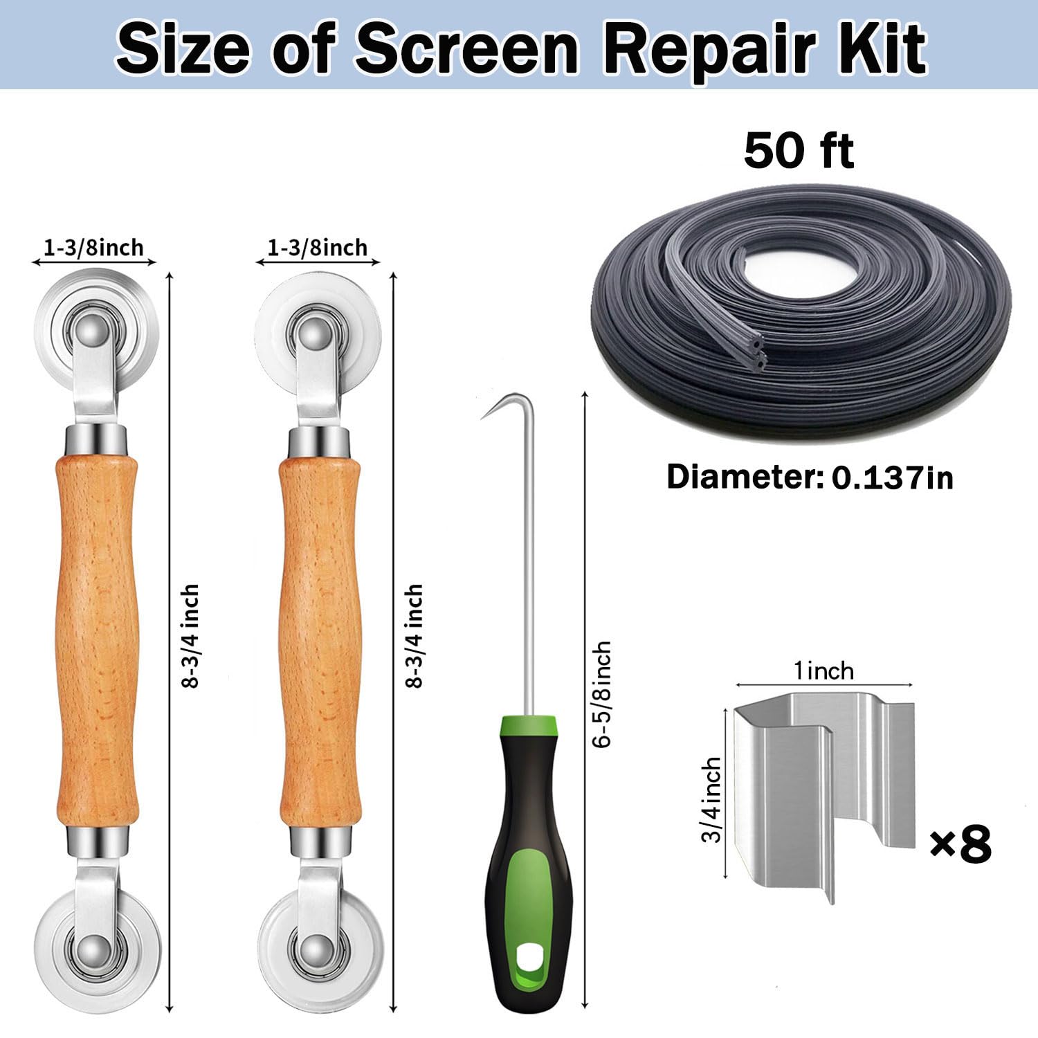 Window Screen Door Repair Kit, King&Charles Include Window Screens 48"x118"+ 2 Roller+50Ft Spline+8Clips+Hook, 6 in 1 Window Screen Replacement, Black Window Screen Mesh, Steel/Nylon Bearing Roller