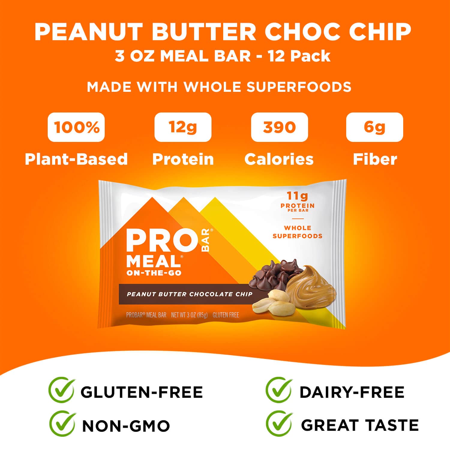 PROBAR - Meal Bar, Peanut Butter Chocolate Chip, Non-GMO, Gluten-Free, Healthy, Plant-Based Whole Food Ingredients, Natural Energy (12 Count)