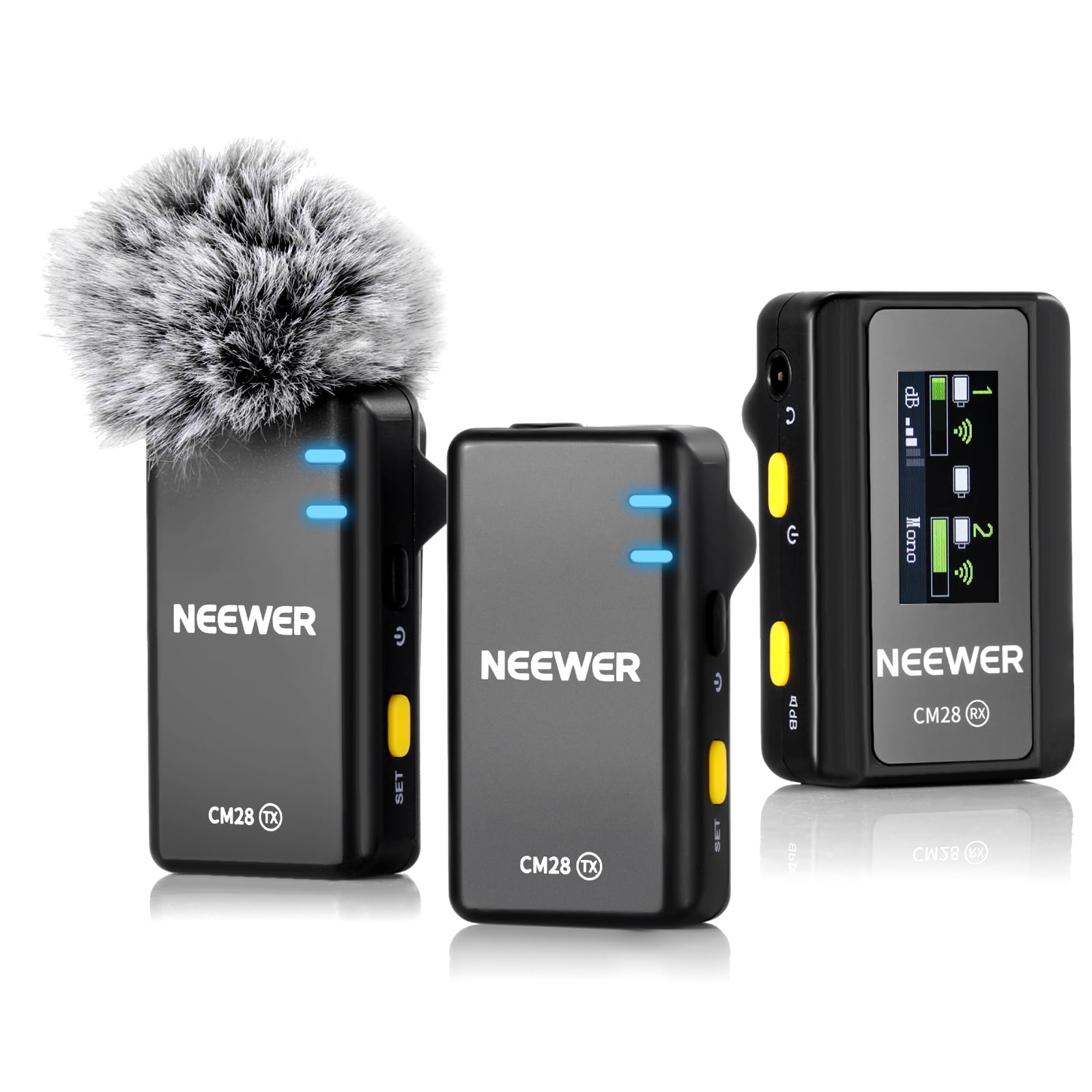 Neewer CM28 Wireless Lavalier Microphone System, 1 Click Noise Canceling, 4GB Storage for 9Hrs of 48KHz 16 Bit Uncompressed Audio, Lapel Mic Compatible with iPhone/Android/PC/Camera