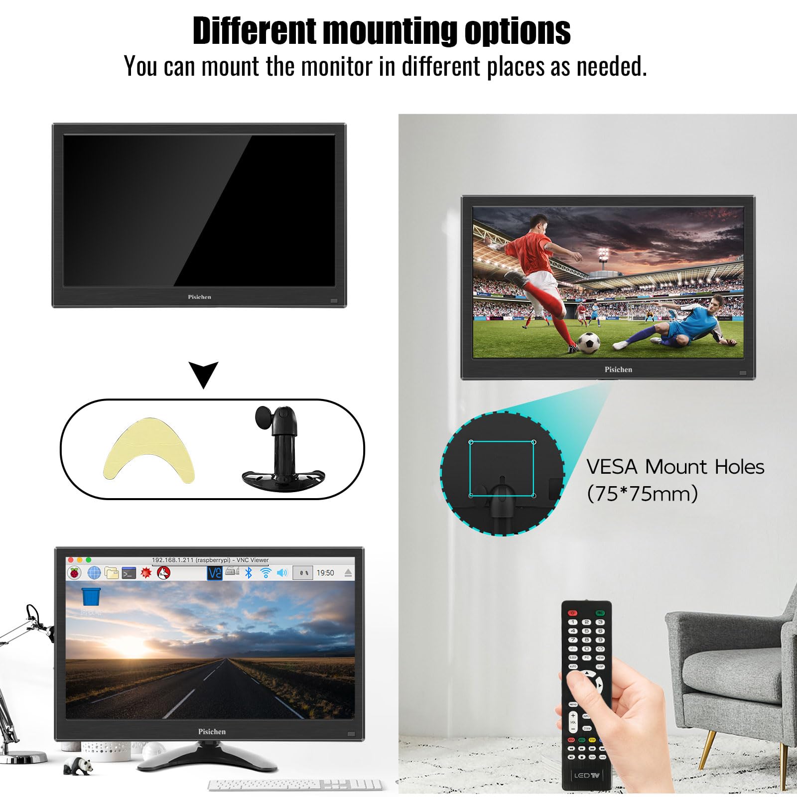 Pisichen Portable Mini 13.3" HDMI Monitor, 1366x768 LED, HDMI/VGA/USB/AV/BNC Input for PC/Laptop/PS4/Ras Pi, Wall Mountable, Built-in Speakers