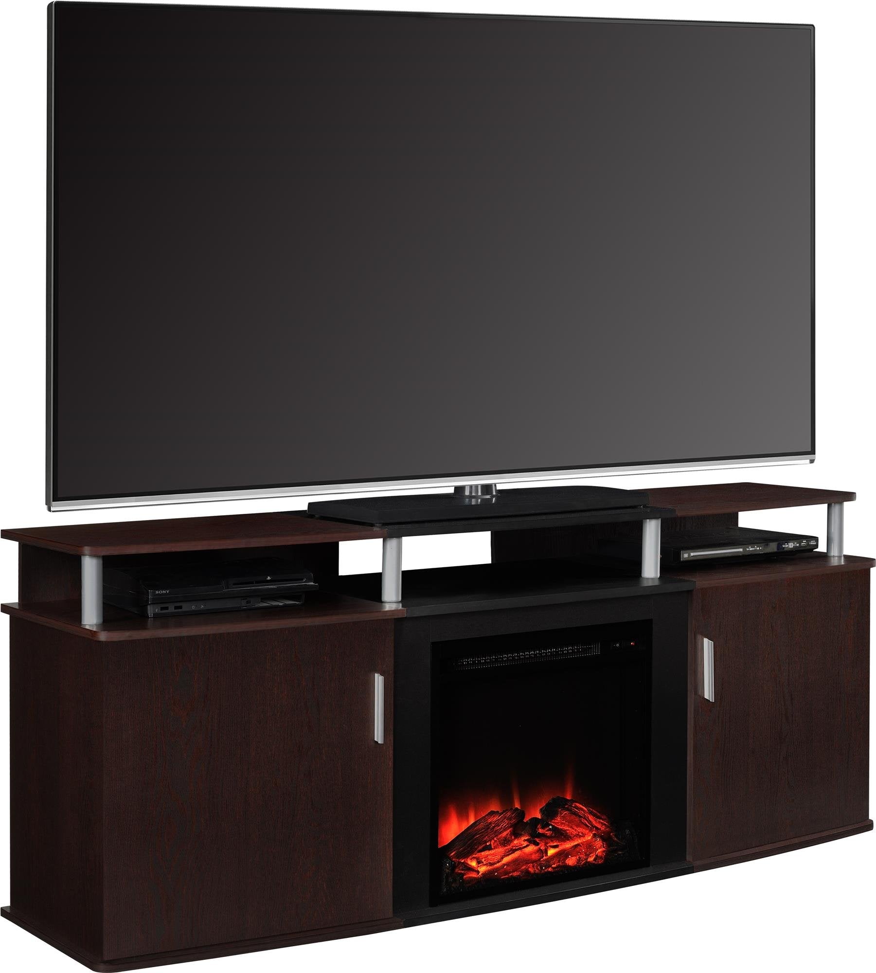 Ameriwood Home Carson Fireplace TV Stand for TVs up to 70 Inch, Replaceable Electric Fireplace Insert Heater, Realistic Log and Flame Effect, for Living Room or Bedroom, Cherry