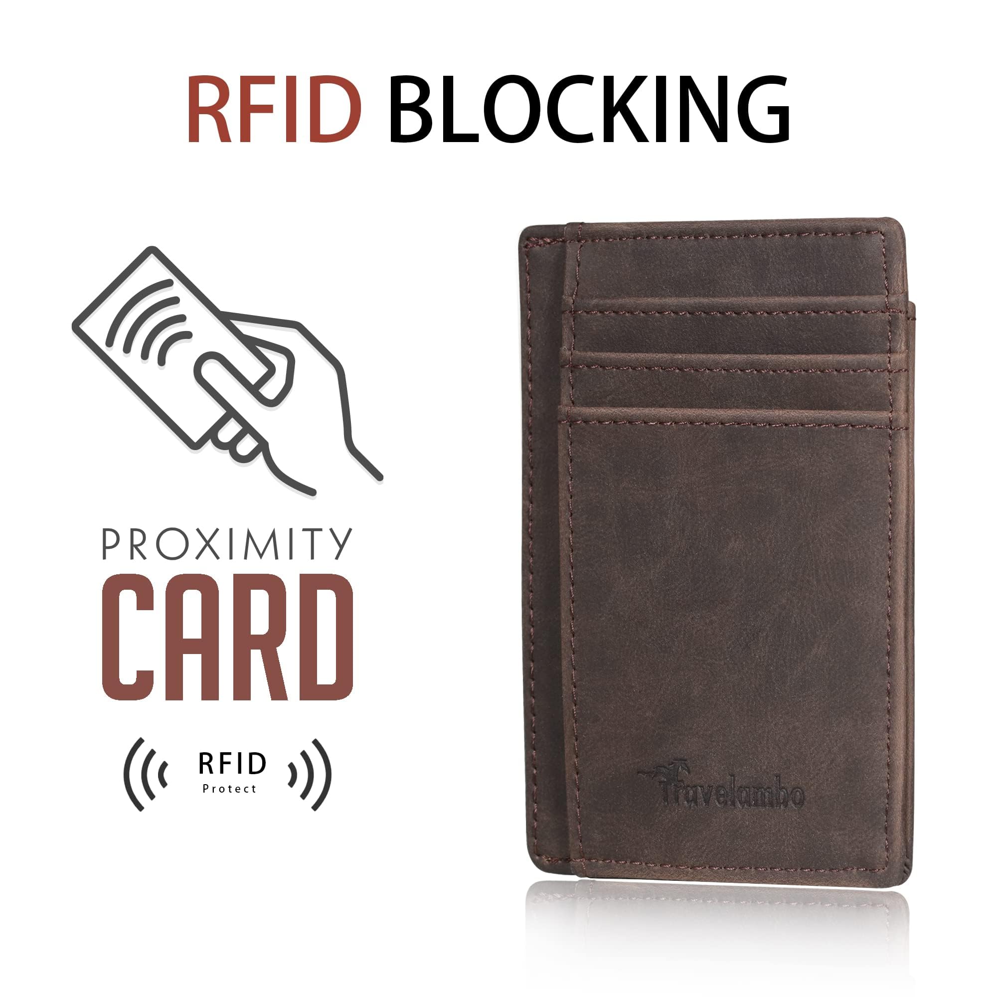 Travelambo Slim Wallet Front Pocket Minimalist Leather RFID Blocking Medium Size