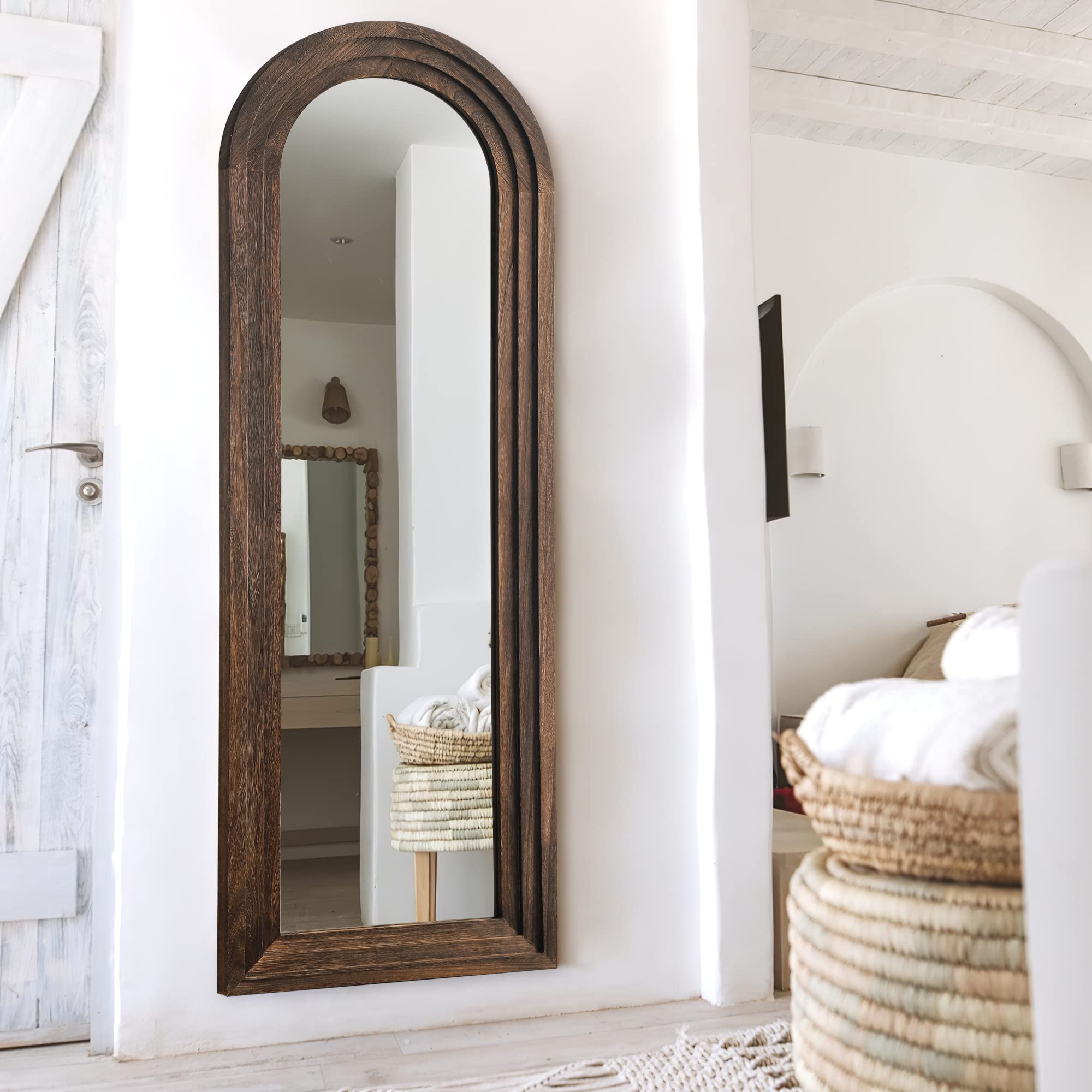 MAYEERTY Rustic Full Length Mirror Arched 65"x22" Wood Wall Full Length Distressed Large Floor Mirror for Bedroom/Bathroom/Living Room/Farmhouse, Arch Coffee