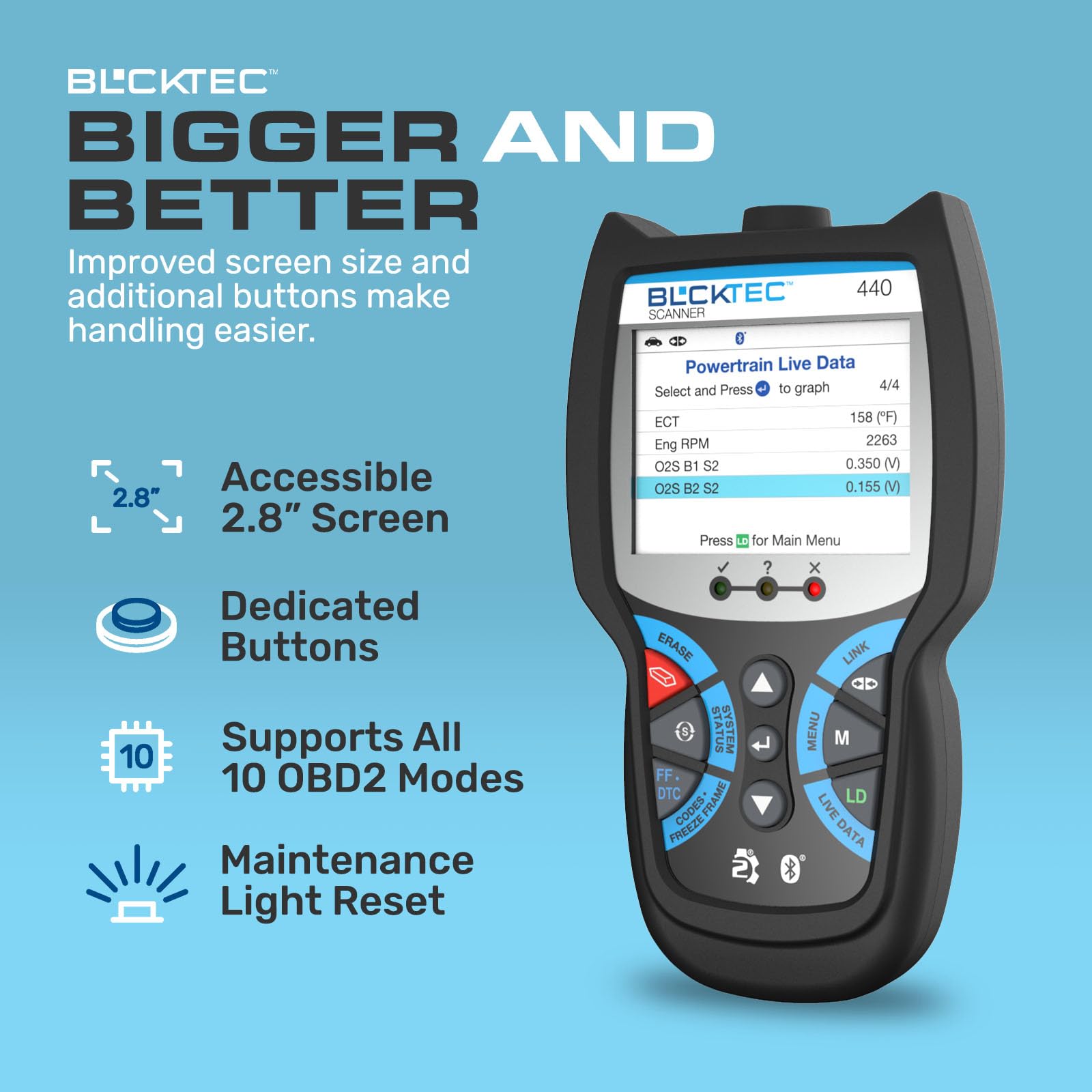 BLCKTEC 440 Bluetooth OBD2 Scanner Diagnostic Tool - Car Code Reader and Scanner for Car - Comes with Live Data - Battery/Charging System Test - Works for All OBD Compliant Cars 1996 & Newer