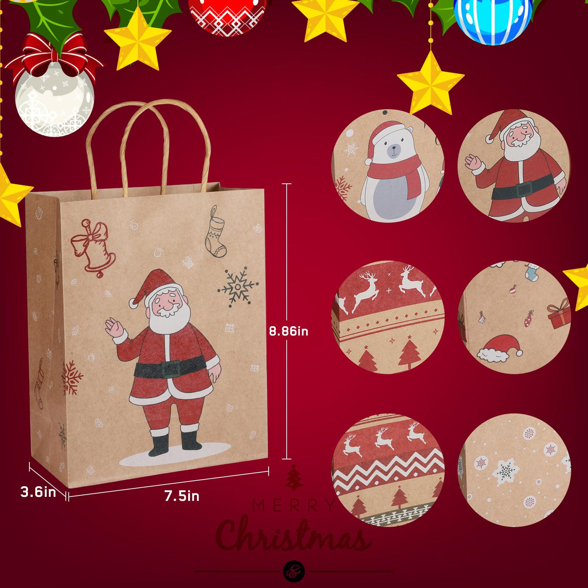 Mjokoj 24 Pack Christmas Gift Bags, 6 Designs Christmas Kraft Paper Bags, 8.85x7.08x3.5 Inches with Handles Xmas Gift Bags, Suitable for Holiday Kraft Paper Gift Bags, Reusable Christmas Gift Bags