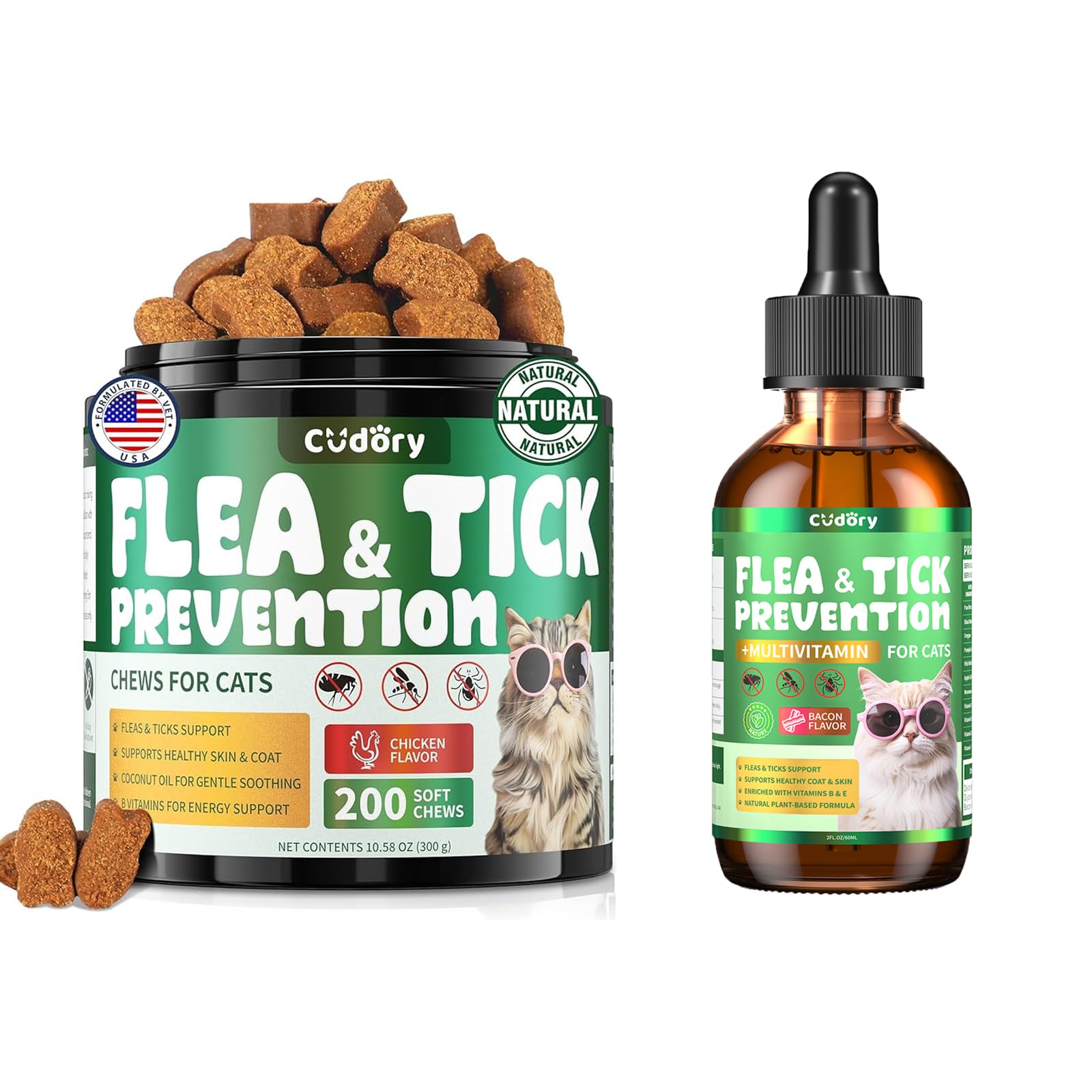 Flea & Tick Support for Cats, Fleas and Ticks Chews + Fleas and Ticks Drops Comfort Formula for Cat All Breeds & Ages