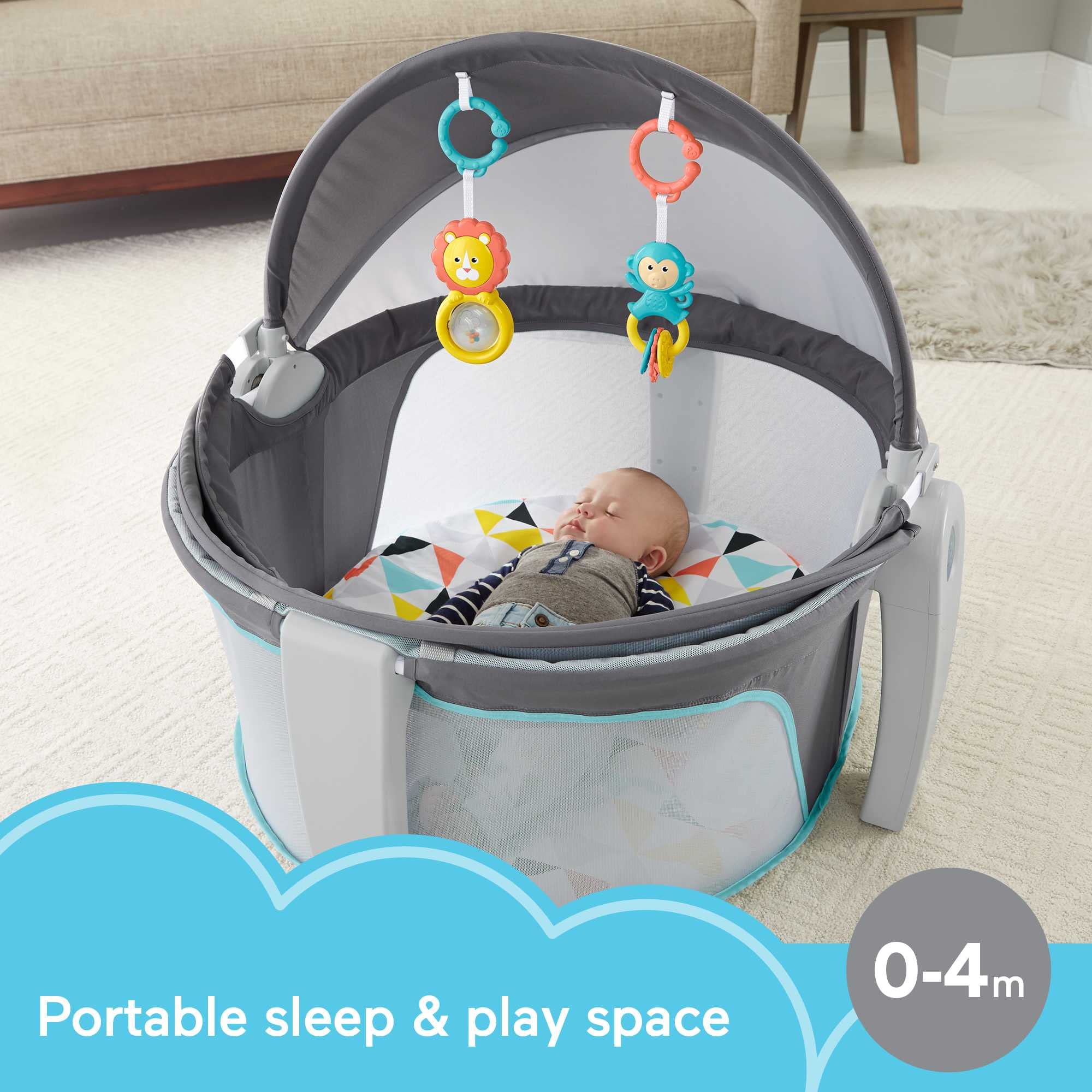 Fisher-Price Portable Bassinet On-The-Go Baby Dome, Travel Play Space with Developmental Newborn Toys & Canopy, Windmill