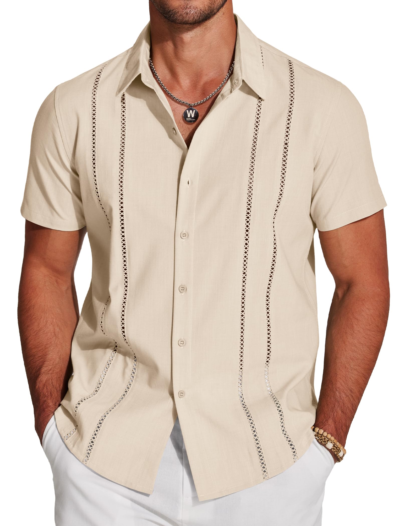 COOFANDY Men's Cuban Guayabera Shirt Short Sleeve Button Down Shirts Casual Summer Beach Linen Shirts Beige