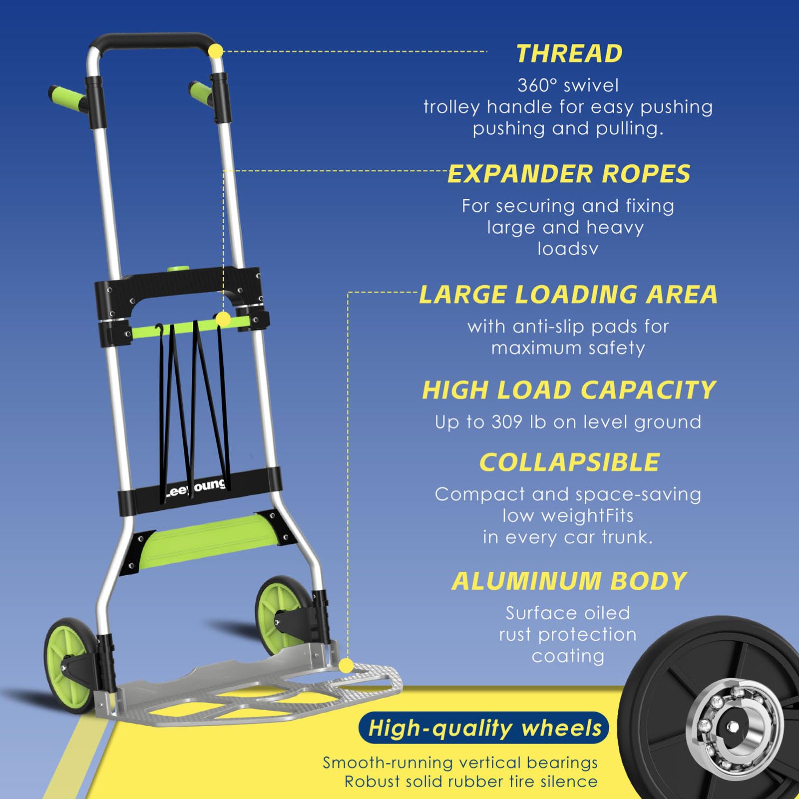 Leeyoung Folding Hand Truck and Dolly,309 lb Capacity Aluminum Portable Cart with Telescoping Handle and PP+EVA Wheels