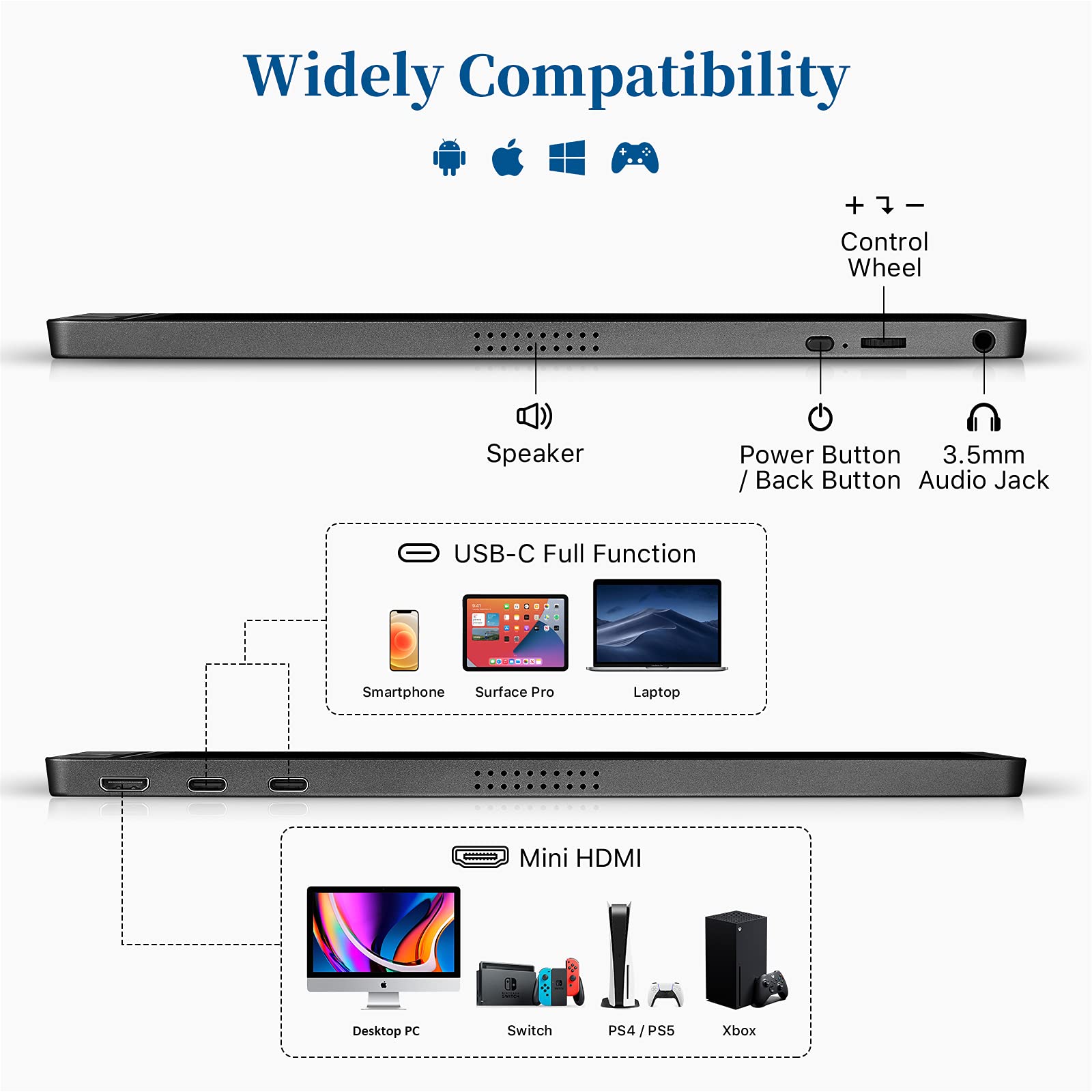 KYY Portable Monitor 15.6'' 1080P FHD USB-C Laptop Monitors w/Smart Cover & Dual Speaker, HDMI Computer Display IPS HDR External Gaming Monitor for PC Phone Mac Xbox PS4 Switch[Upgraded]