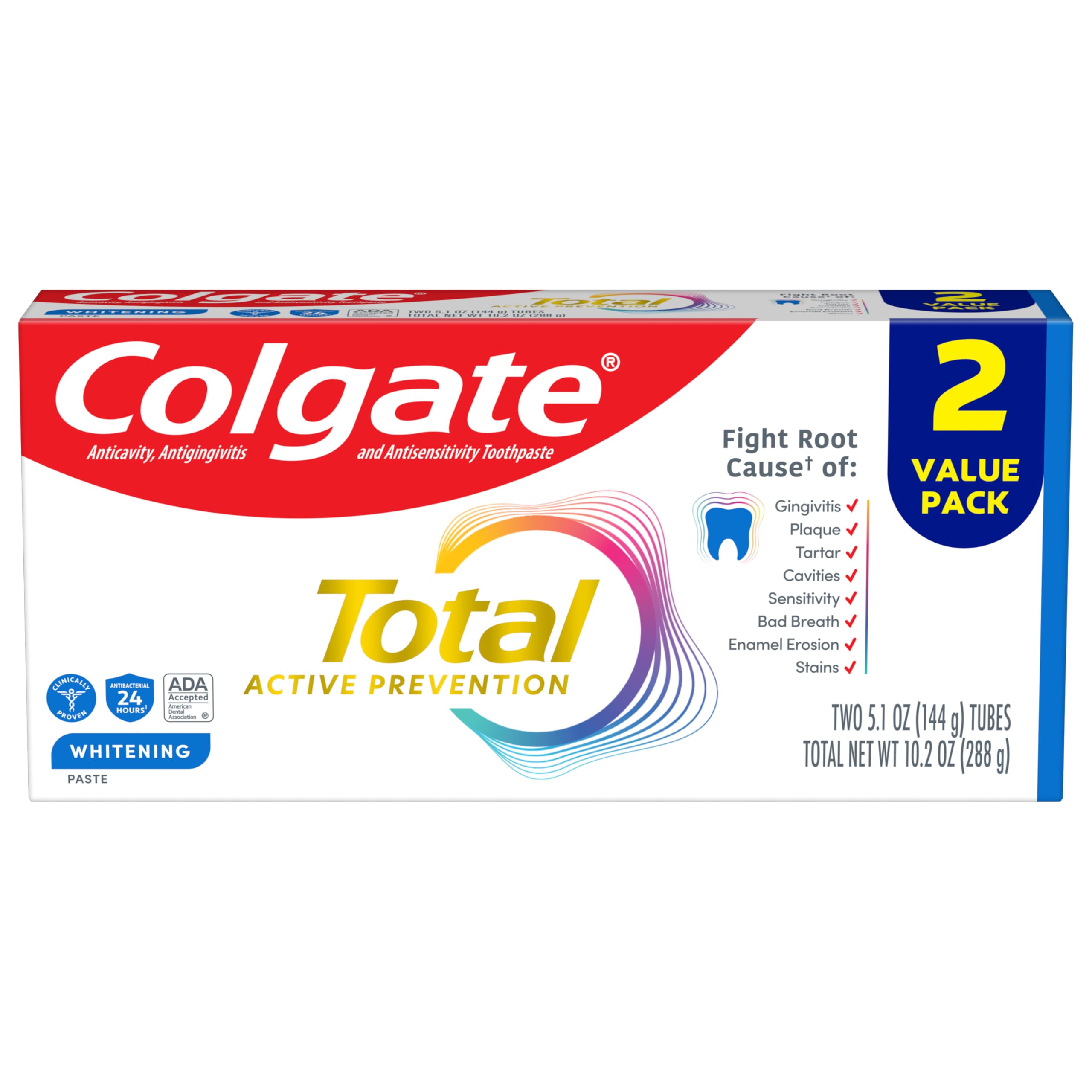 Colgate Total Whitening Toothpaste, Mint Toothpaste, 5.1 oz Tube, 2 Pack