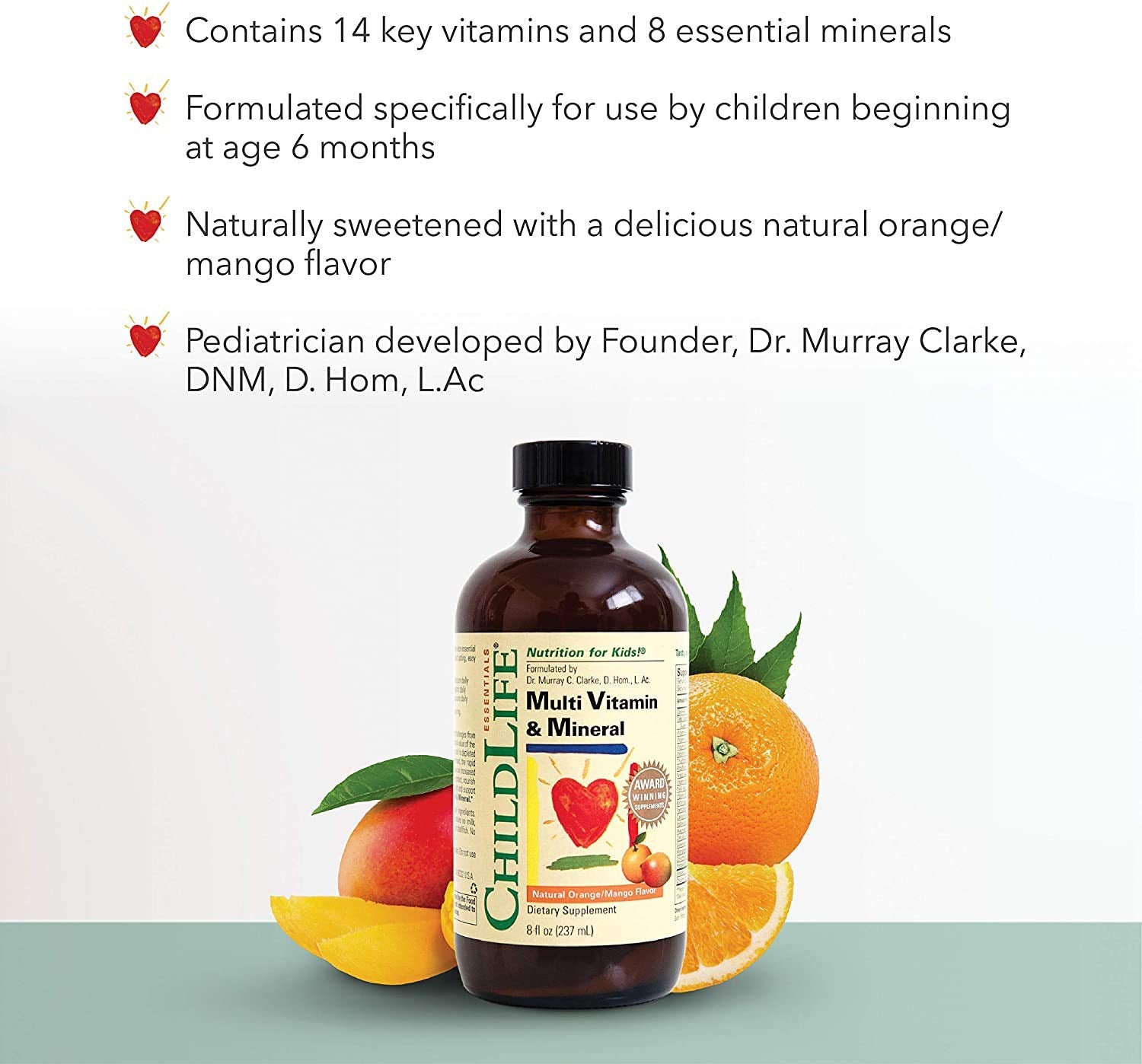 CHILDLIFE ESSENTIALS, Kids Liquid Multivitamin and Mineral Supplement - Liquid Vitamins for Toddlers & Children, All-Natural, Gluten-Free, Non-GMO - Natural Orange & Mango Flavor, 8 Fl Oz Bottle