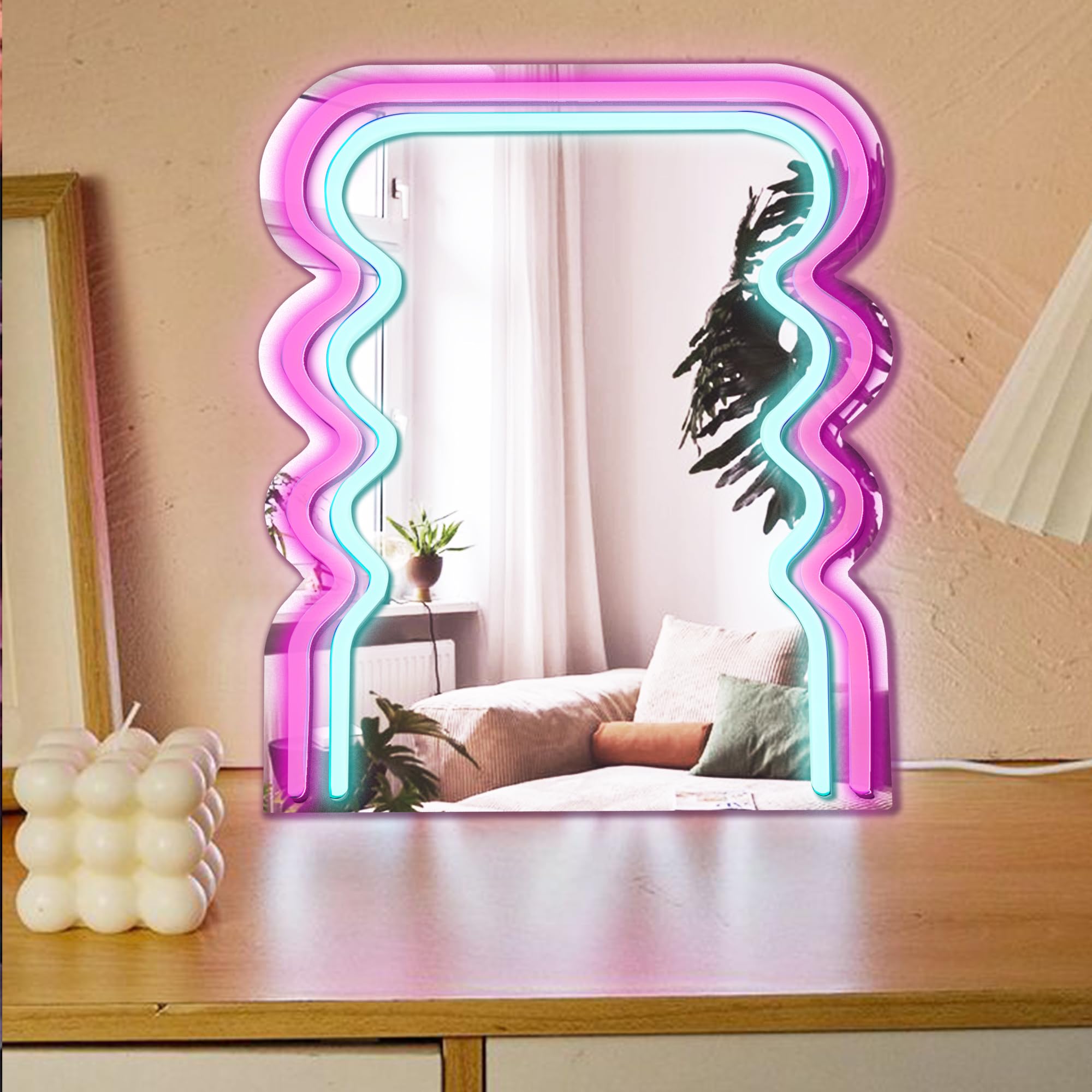 Archway Wave Neon Sign Mirror for Wall Decor, Powered by USB, 3D Art Neon Light, Pink and Blue, 13"x11" inch, LED Light Wall Mirror，Makeup Mirror with Lights for Women Gift