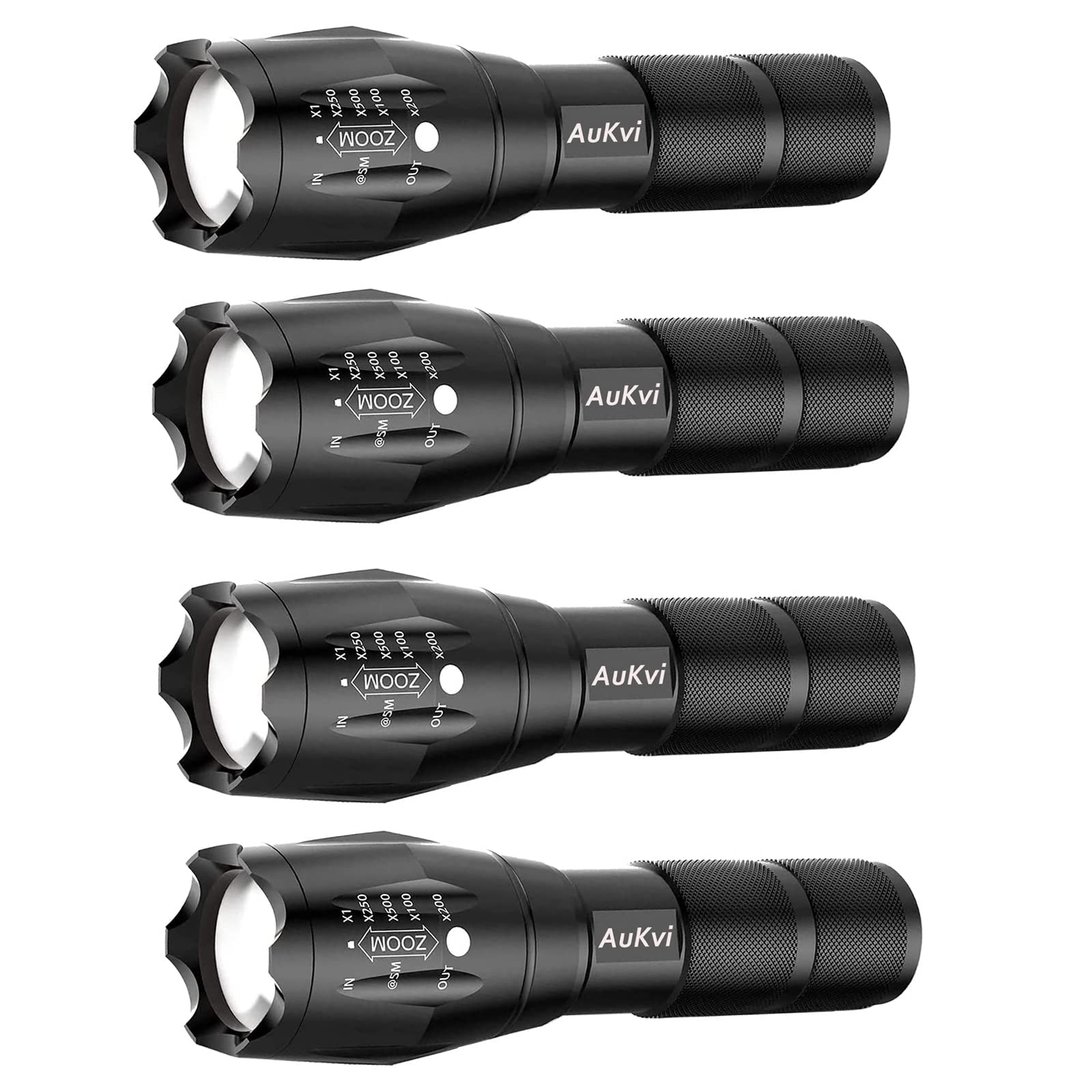 AuKvi TC1200 Tactical Flashlight 3000 Lumens Zoomable 5 Modes for Hurricane Camping Hiking etc (4-Pack)