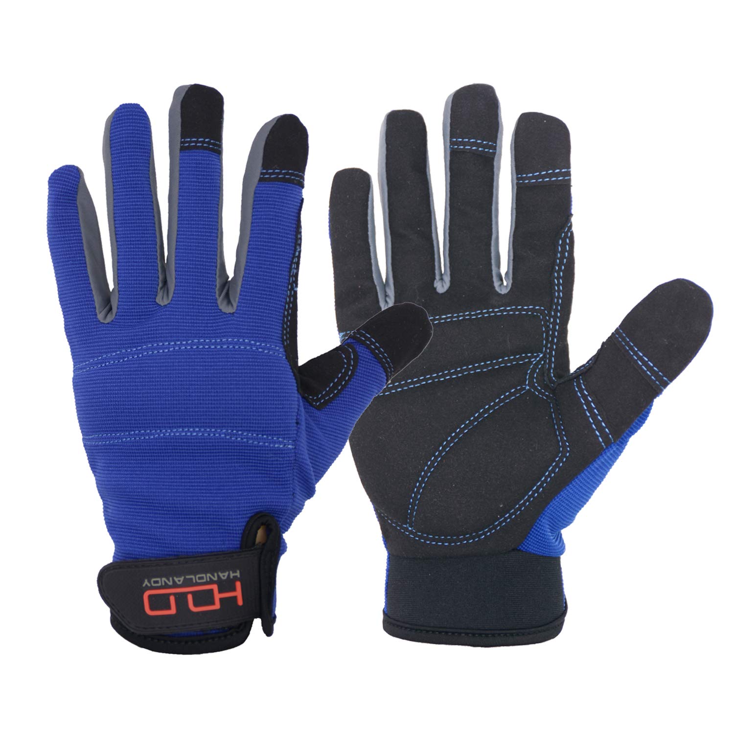 HANDLANDY Mens Work Gloves Touch screen, Synthetic Leather Utility Gloves, Flexible Breathable Spandex - Padded Knuckles & Palm (Extra Large, Blue)