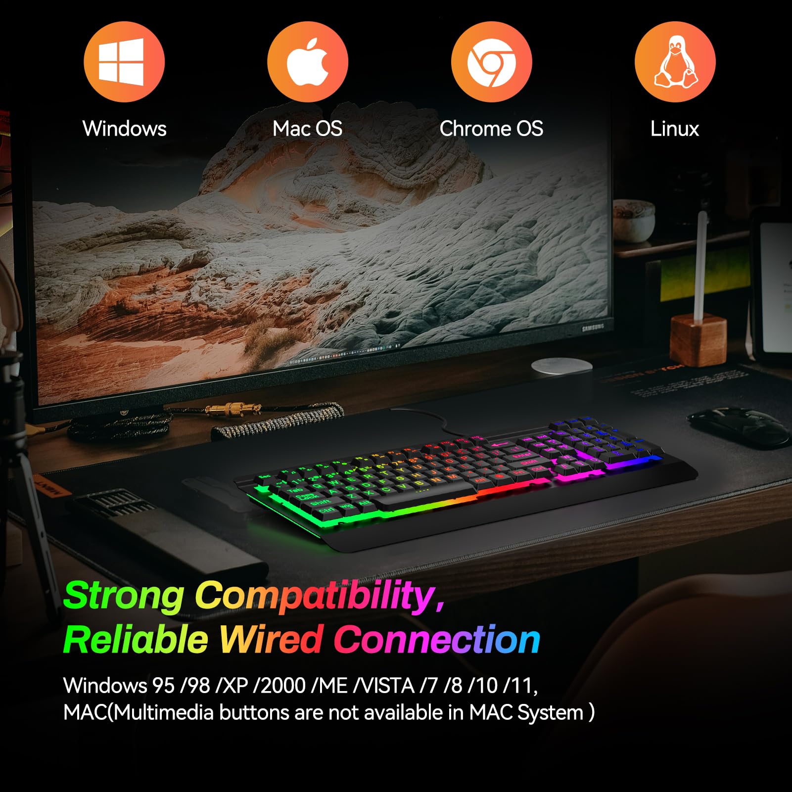 Gaming Keyboard with Large Print Keys, 7-Color Rainbow LED Backlit, Quiet Light Up Computer Keyboard with All-Metal Panel, Wrist Rest, Anti-Ghosting Multimedia Keys, USB Wired Keyboard for PC Mac Xbox